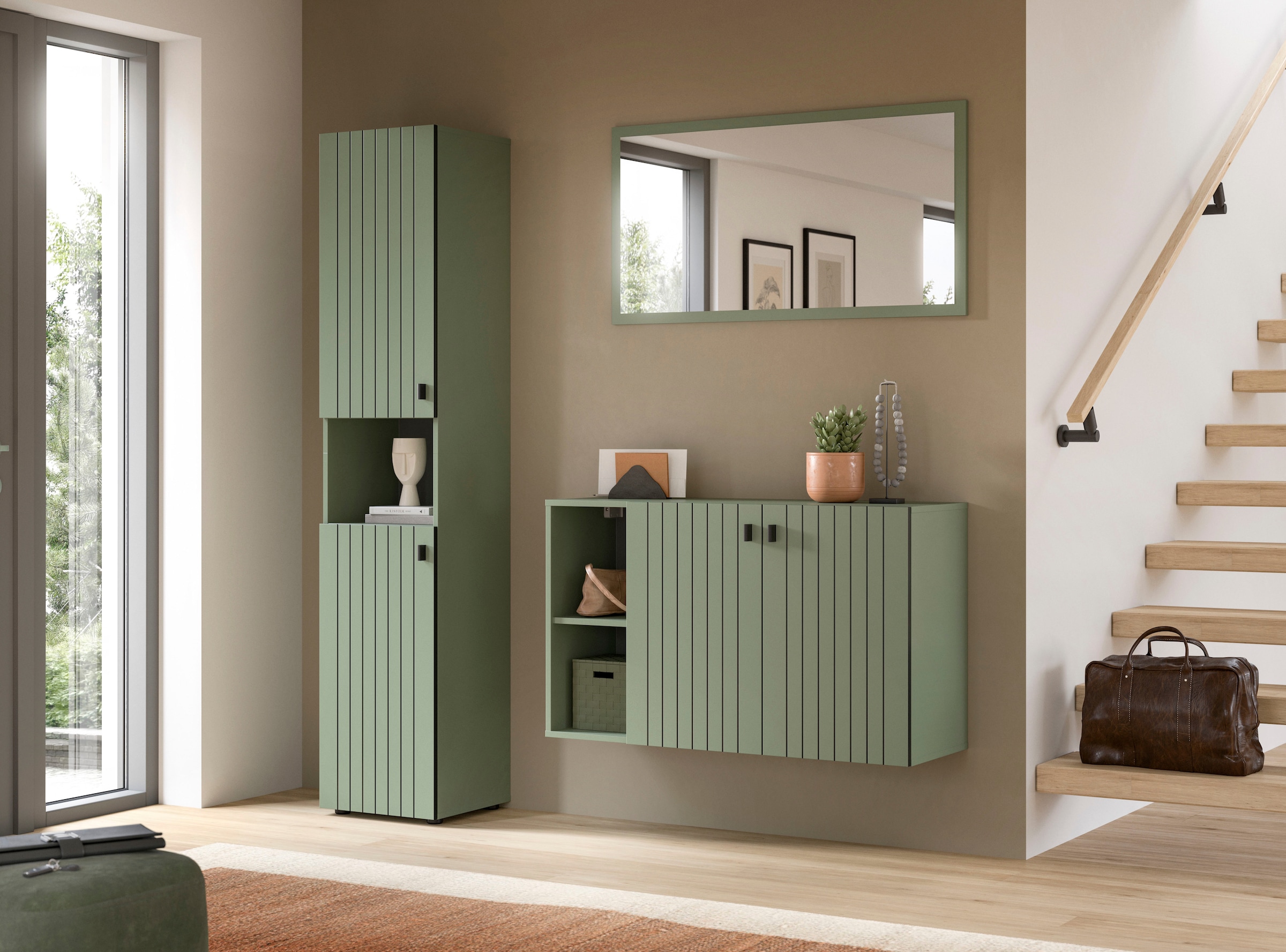 Home affaire Garderoben-Set »TATIO, 3-tlg. Garderobenkombination, Breite: 161 cm, Rillenfräsung« Set, Set, best. aus: 1 Spiegel, 1 Garderobenschrank, 1 Schuhkommode, 3 Stk. tlg.