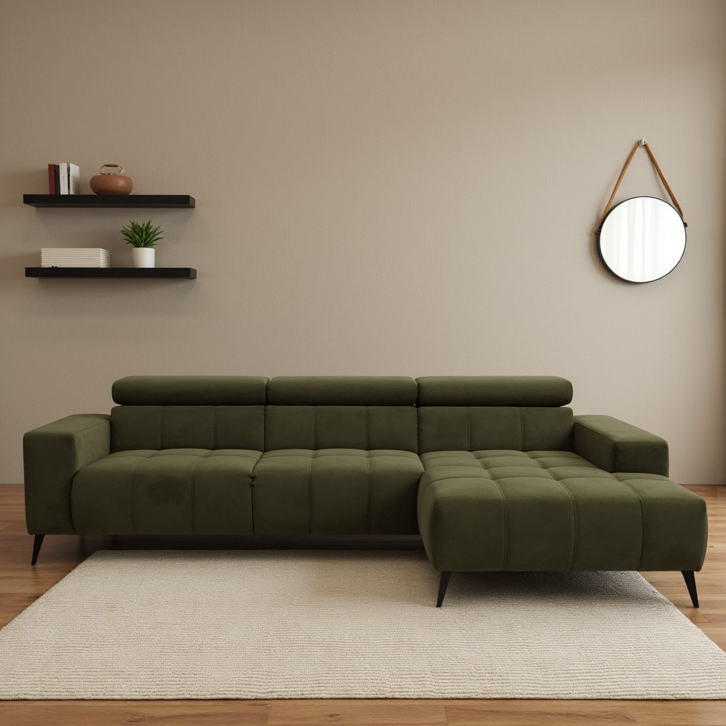 DOMO collection Canapé d'angle »Trento L-Form, mit Kufenfuss oder Einzelfuss« whlw. verstellbare Kopfteile, passend für gängige Saugroboter