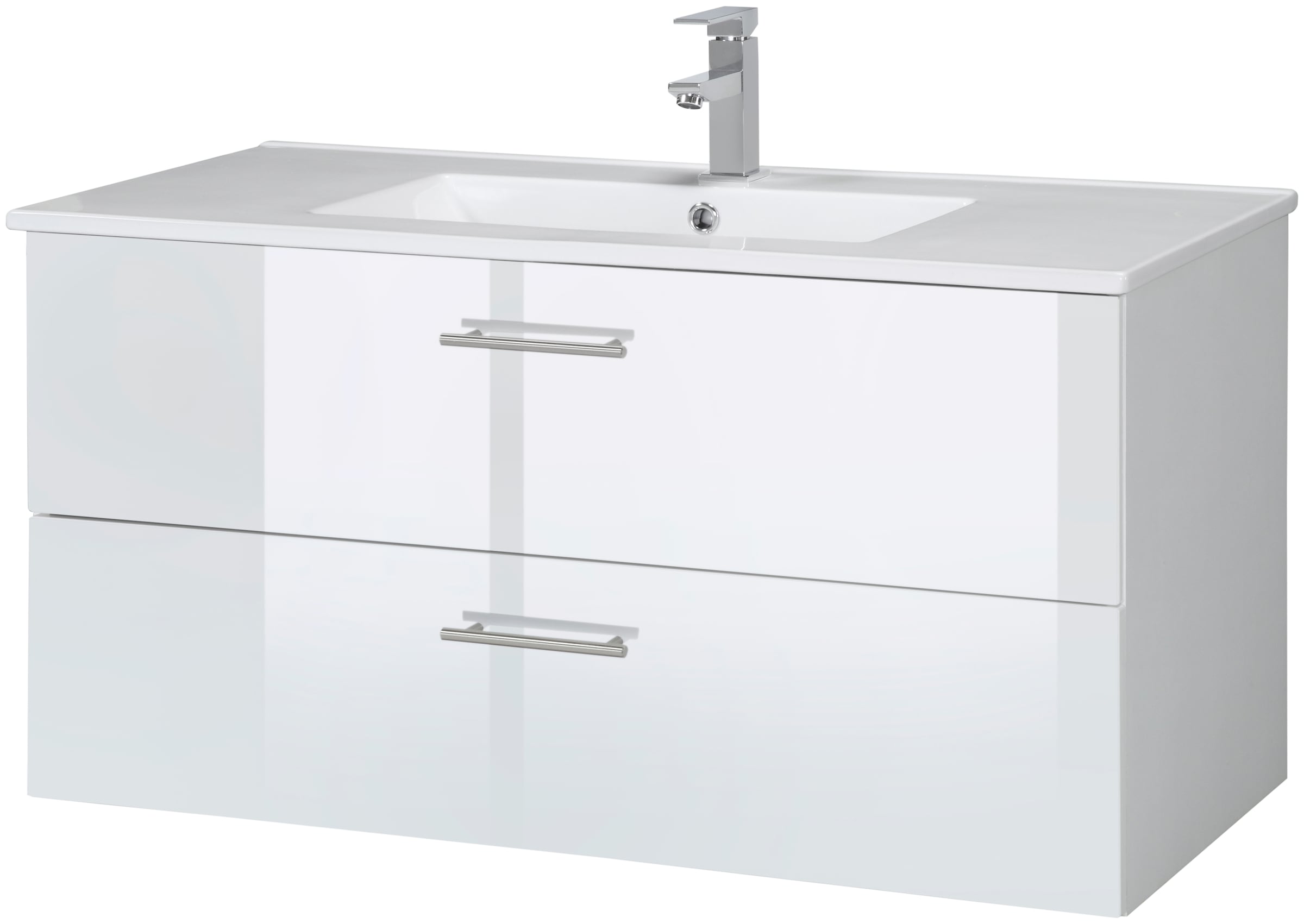Image of welltime Waschtisch "Trento in verschiedenen Ausführungen Unterschrank inkl. Waschbecken" Badmöbel in Breite 100 cm, Waschplatz mit 2 Schubladen, Badschrank