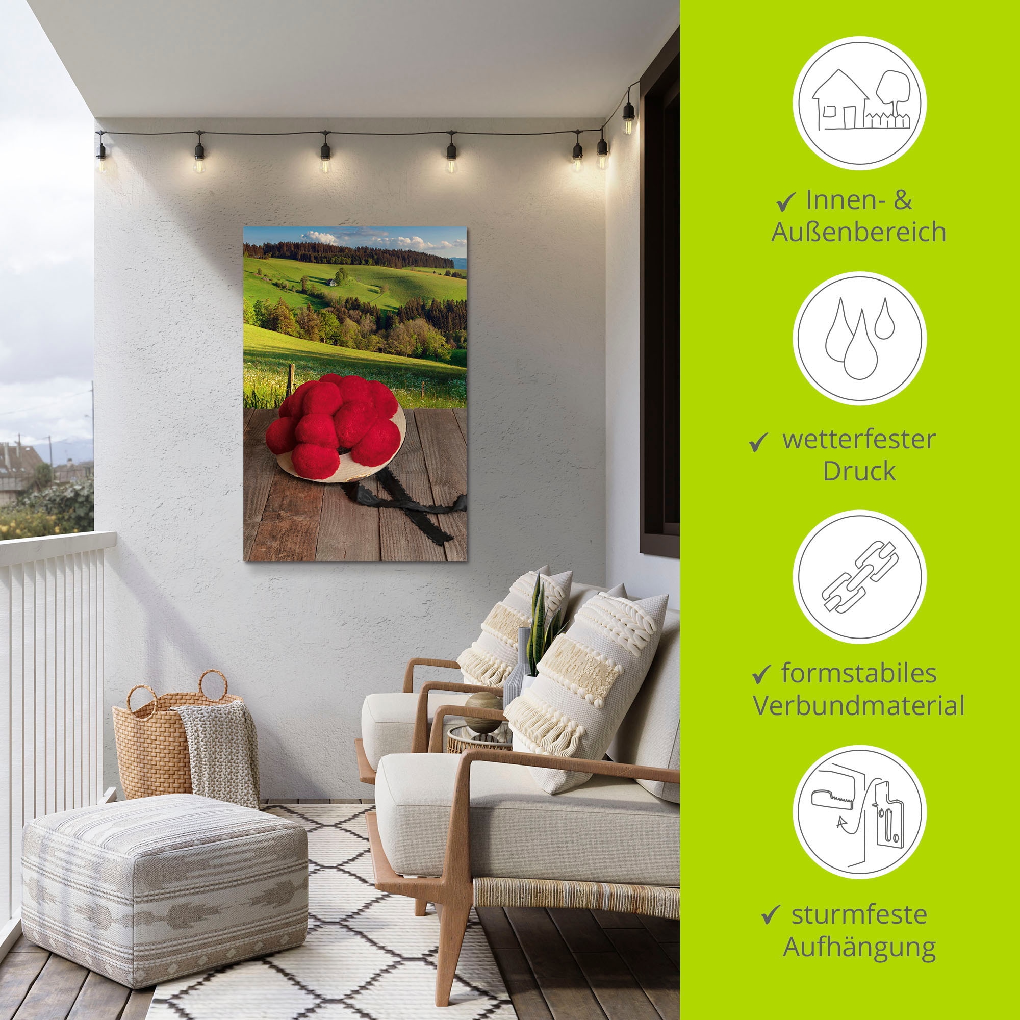 Artland Wandbild »Schwarzwälder Bollenhut auf Holztisch«, Wiesen & Baumbilder, (1 St.), als Alubild, Outdoorbild, Leinwandbild in verschied. Grössen