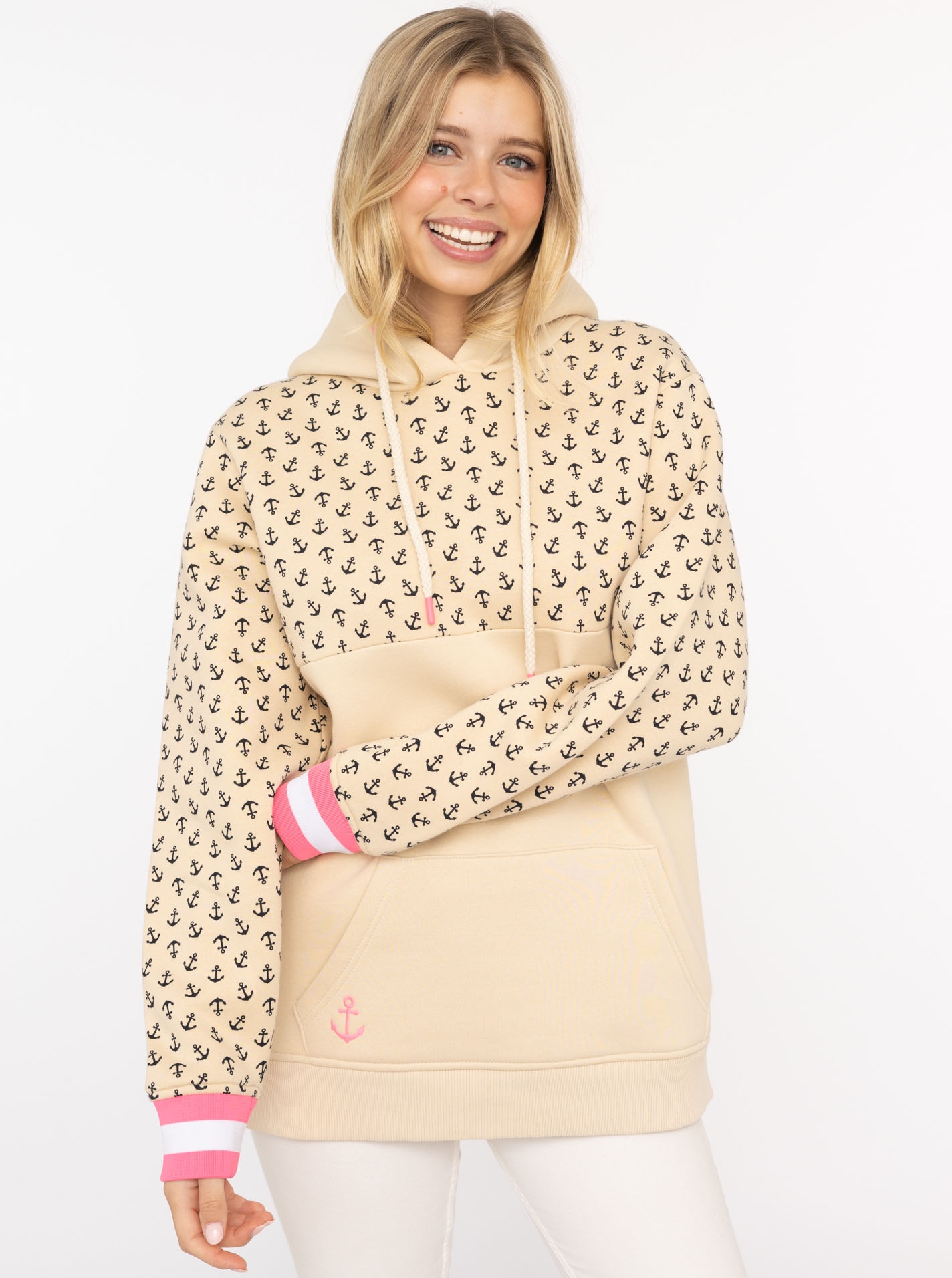 Image of Zwillingsherz Hoodie ""Kleine Anker"", bedruckt, Rippenbündchen, Kapuze mit Kordelzug, Kängurutasche