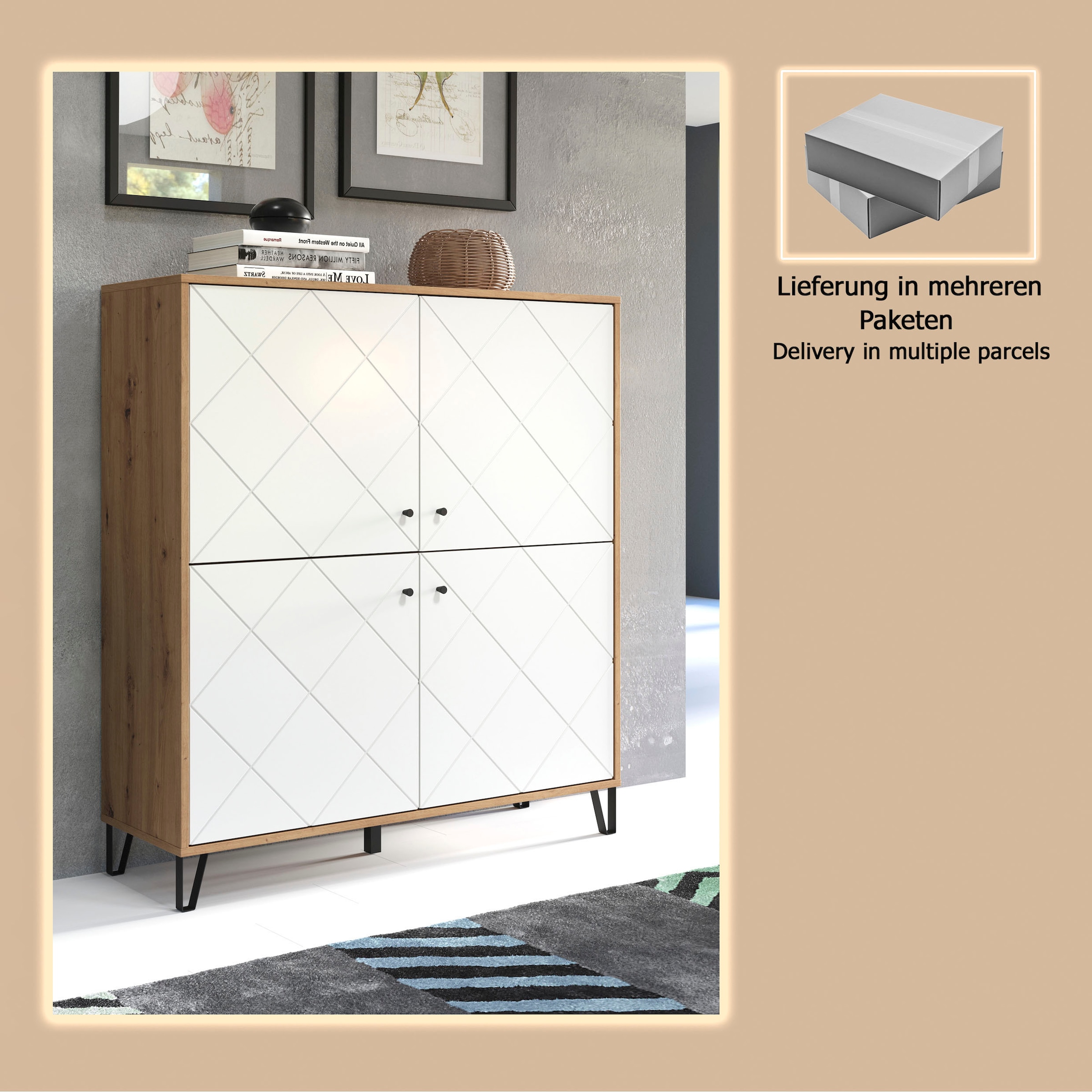 PLACES OF STYLE Buffet haut »Tarragona« Highboard mit 4 Türen & Soft-Close - (B/T/H) 123/40/136 cm