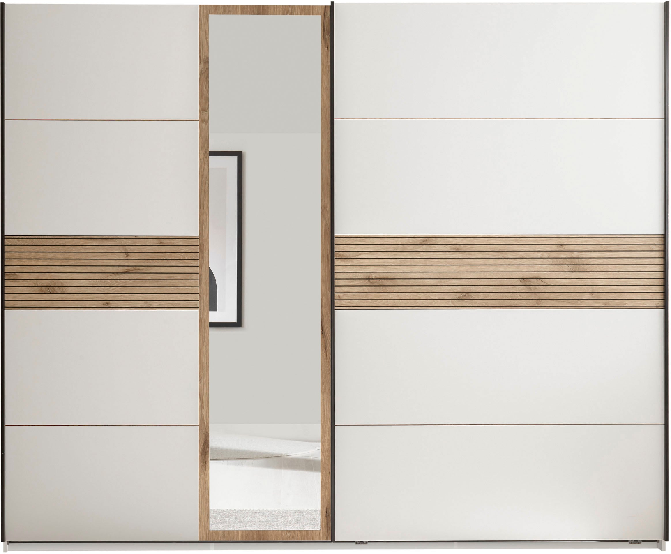 Schlafkontor Kleiderschrank »Leo Schwebetürenschrank, Schiebetürenschrank mit Spiegel«, Absetzung in Viking Oak heller Rillenoptik und Spiegel