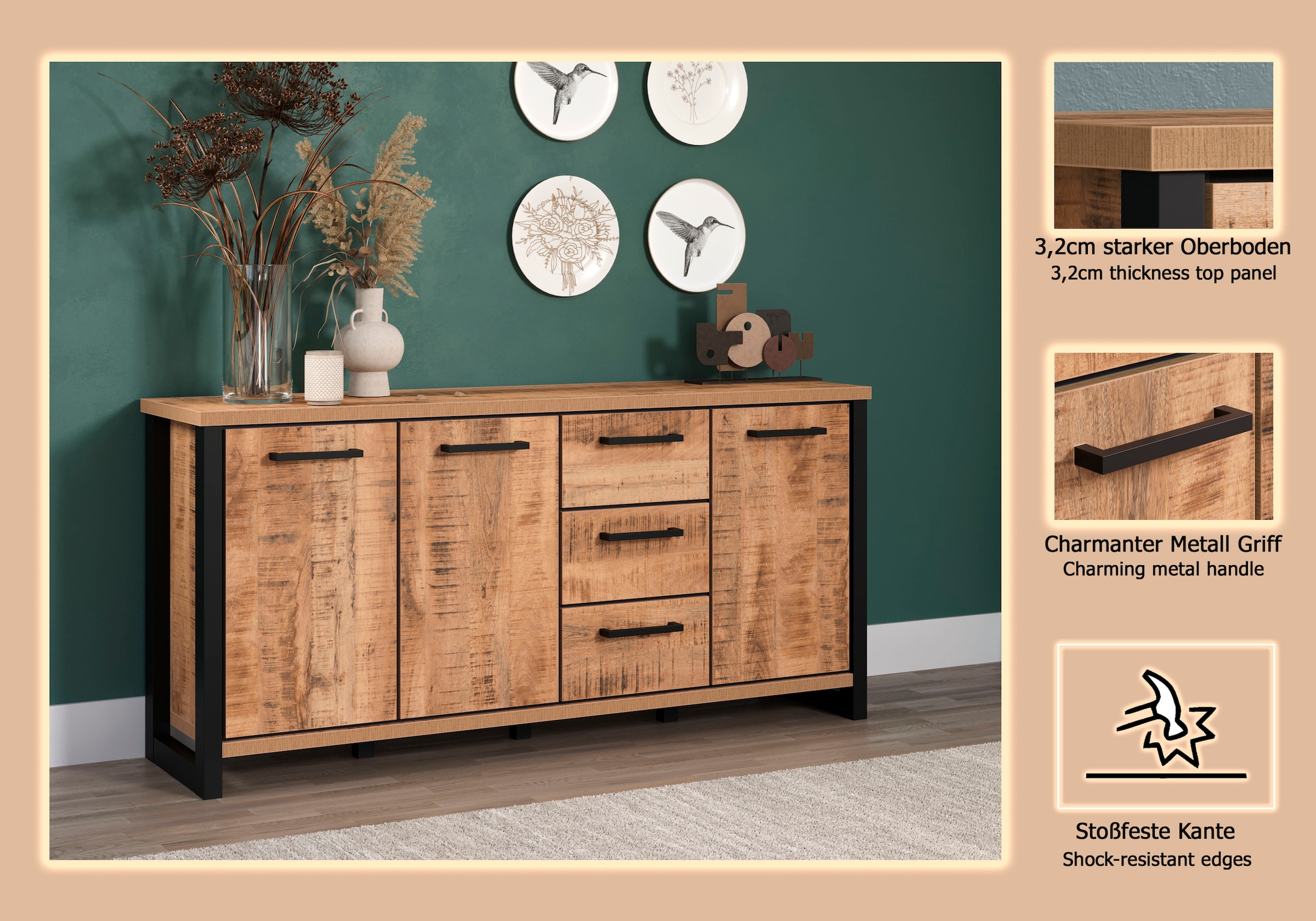 Home affaire Sideboard »Elda« 1 Stk. tlg. Sideboard mit 3 Türen & 3 Vollauszug Schubladen – (B/T/H) 180/45/86 cm