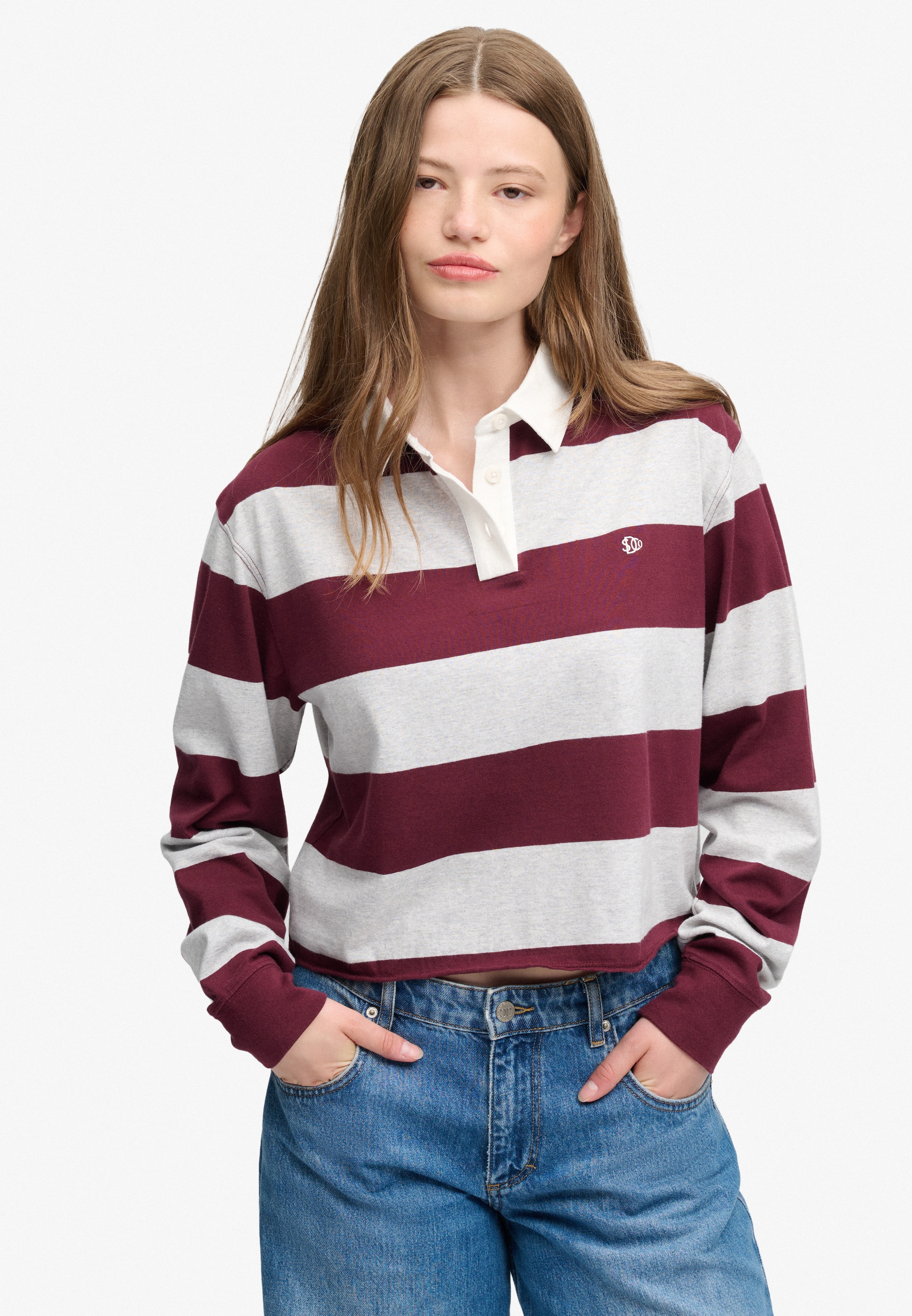 Image of Superdry Langarm-Poloshirt "ATH ESS CROPPED STRIPE RUGBY" Baumwolle, oversize, cropped fit