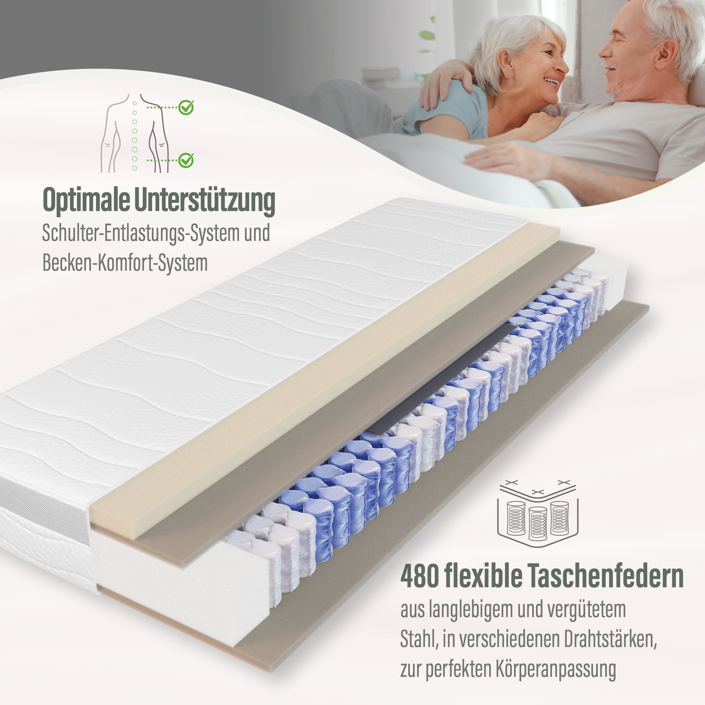 Beco Matelas à ressorts ensachés »Feel Like Latex ONE TFK - GOLD, Matratze 90x200 cm, 140x200 cm & mehr« 21 cm hoch 500 Federn 1 cuis tlg. matelas à points élastiques avec noyau à ressorts stable, respirant