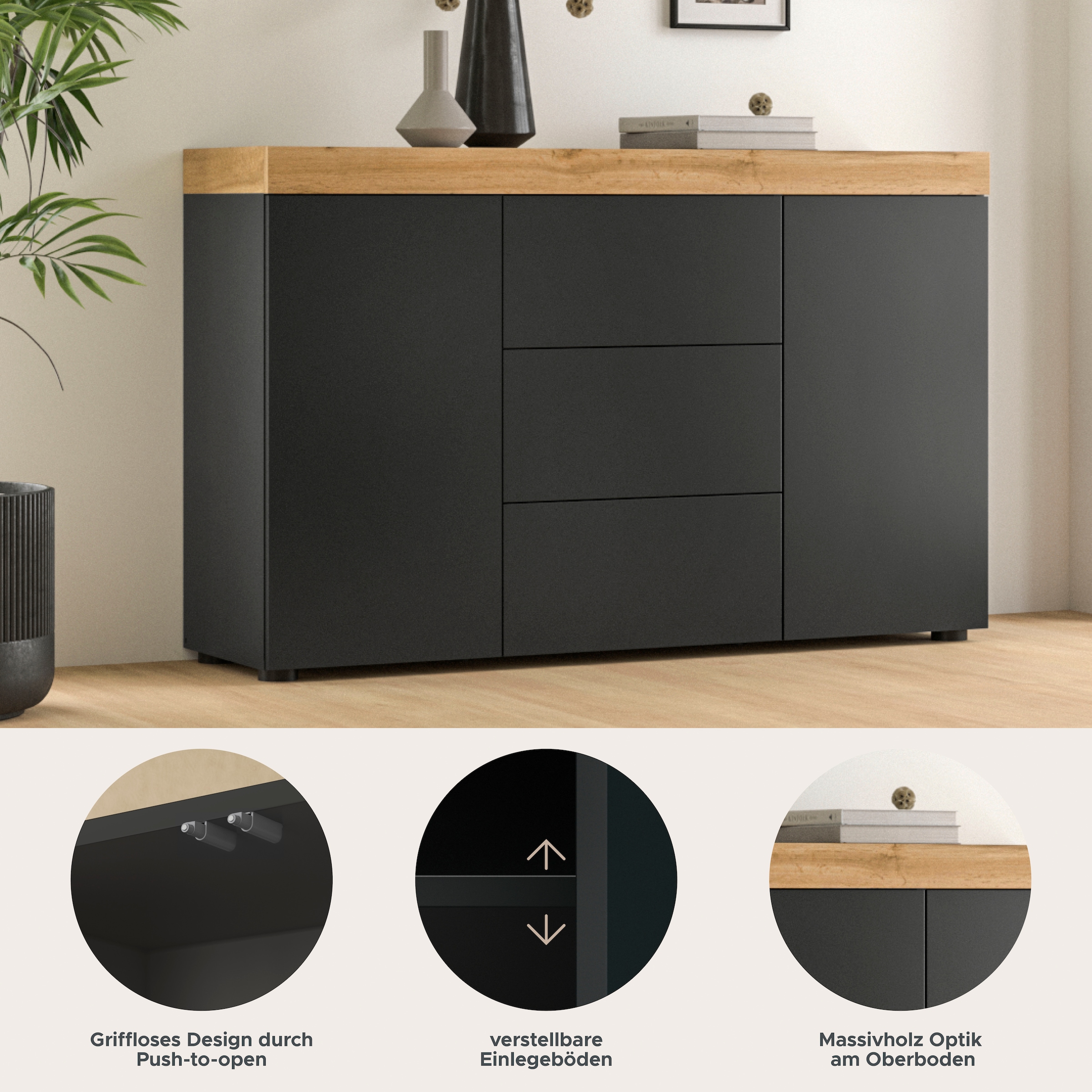 GOODproduct Sideboard »MAMBO, TOPSELLER!, Breite 125cm, 2 Türen, 3 Schubkästen, push-2-open« 2 farbige Ausführung, in verschiedenen Farben erhältlich, 1 cuis tlg. Sideboard, Kommode, Wohnzimmer, Flur, Arbeitszimmer