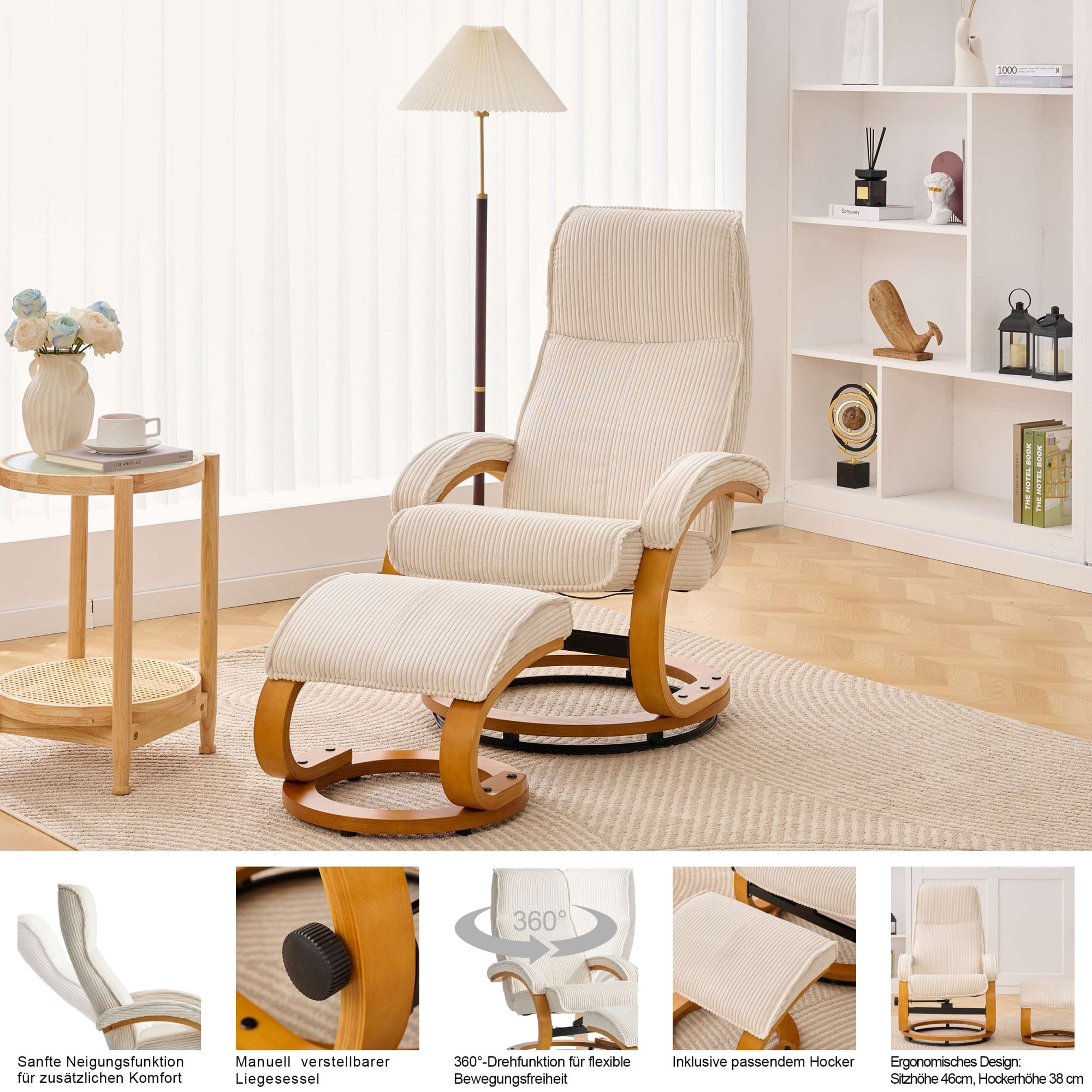 Home affaire Relaxsessel »mit Hocker PARIS neu: Cord - OTTO. Verlässliche Qualität.« bestehend aus Sessel und Hocker,  manuelle Relaxfunktion mit Drehfunktion, neu: Cord-Bezug