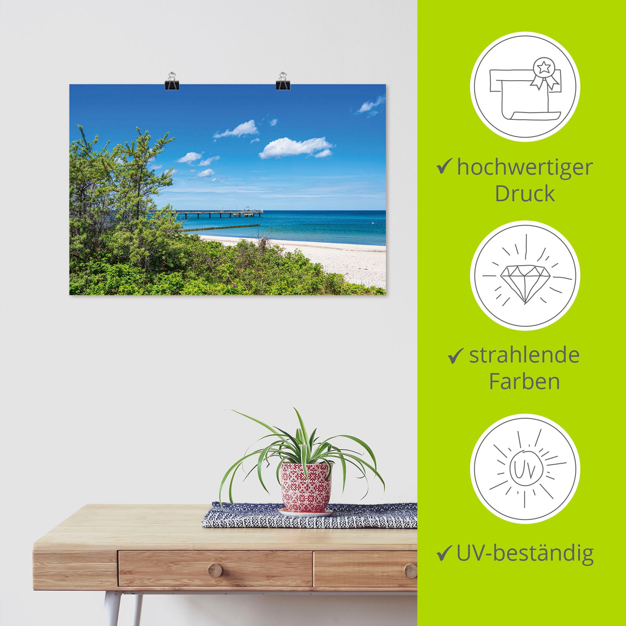 Artland Wandbild »Strand und Seebrücke an Ostseeküste«, Strandbilder, (1 St.), als Alubild, Leinwandbild, Wandaufkleber oder Poster in versch. Grössen