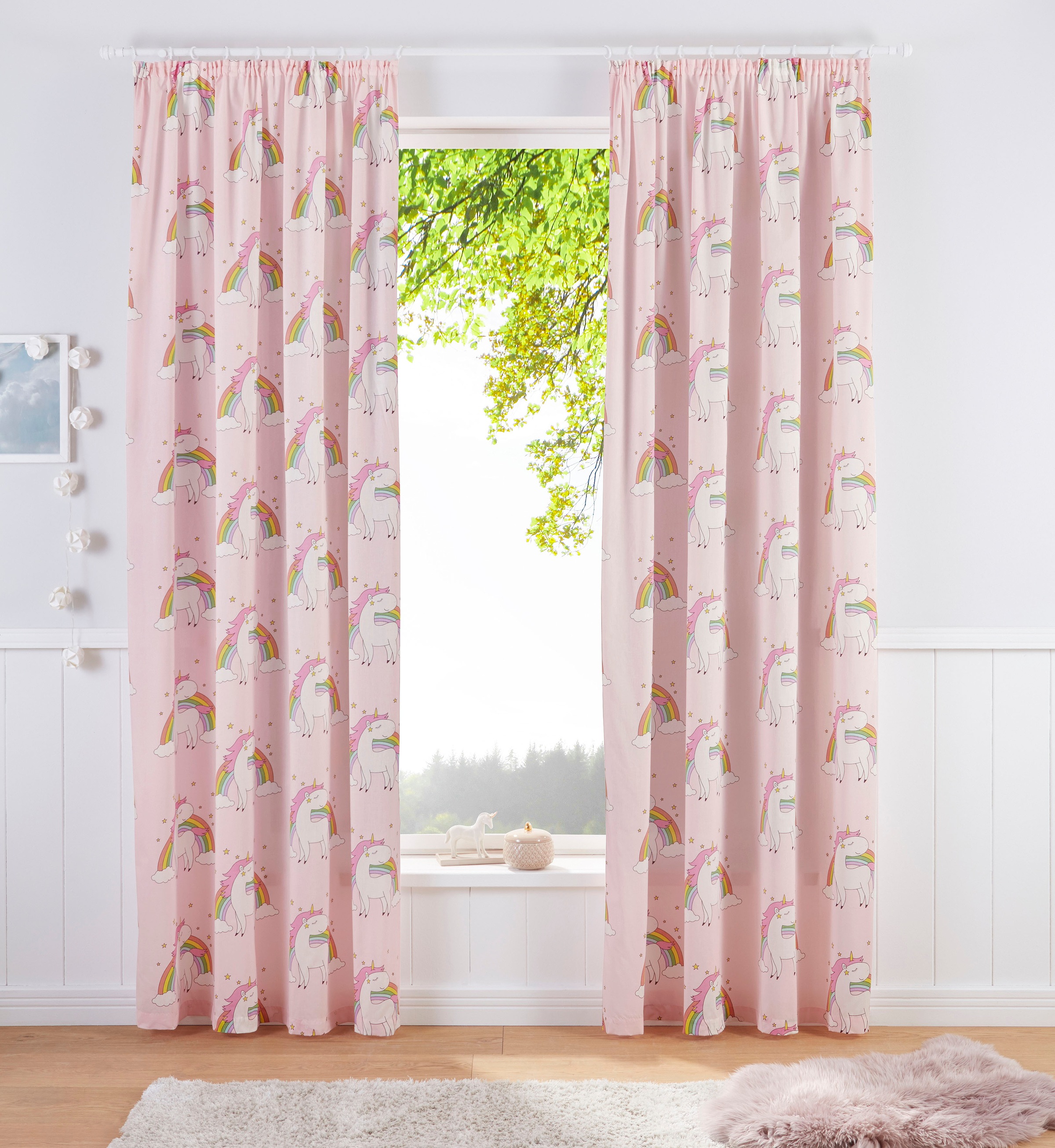 Image of Lüttenhütt Gardine "EINHORN" Kräuselband 1 Stk. tlg. Kindergardine, bedruckt, halbtransparent, Einhörner, Regenbogen