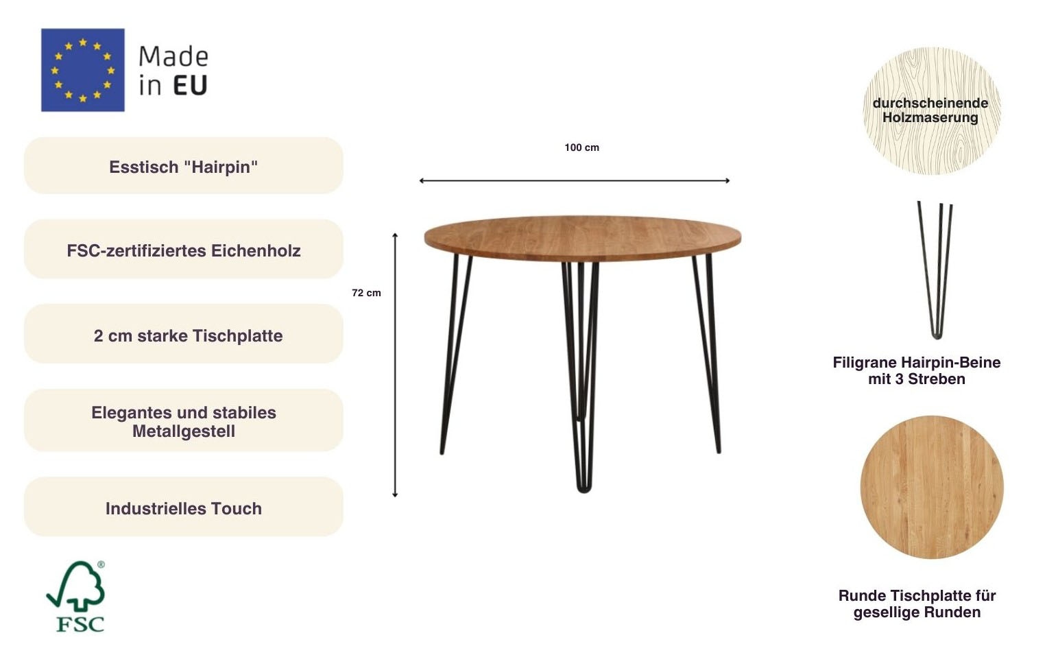 Home affaire Table de salle à manger »Hairpin« Holztisch aus Eichenholz, mit Metallbeinen, Breite 100 cm