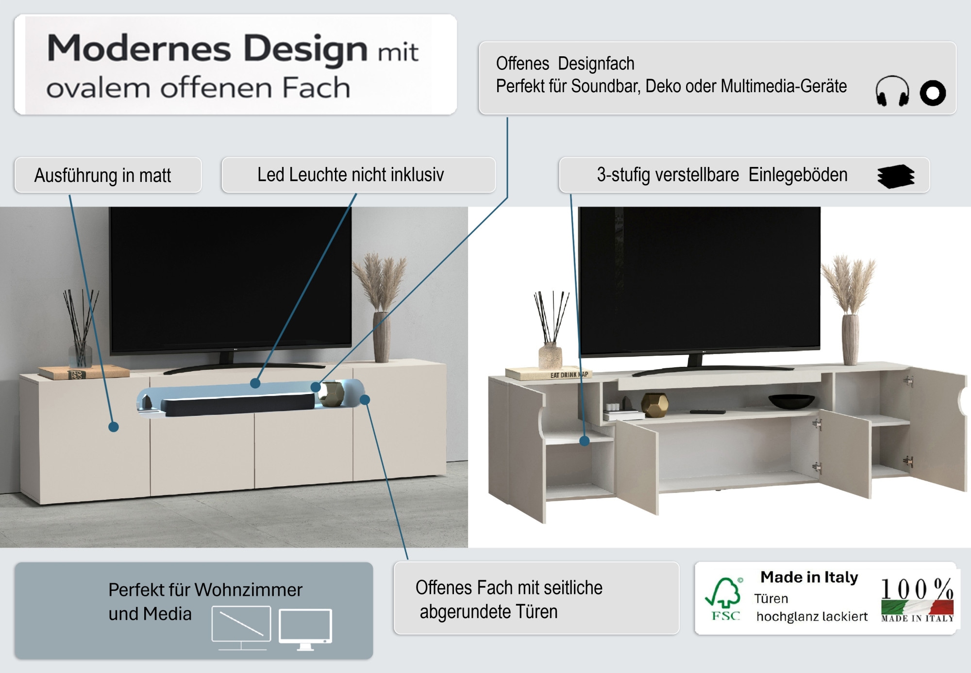 GOODproduct Table basse »REAL,Lowboard,TV-Kommode,TV-Möbel,TV-Bank« 1 cuis tlg. Avec 4 portes, dont 2 arrondies formant une niche ovale ouverte