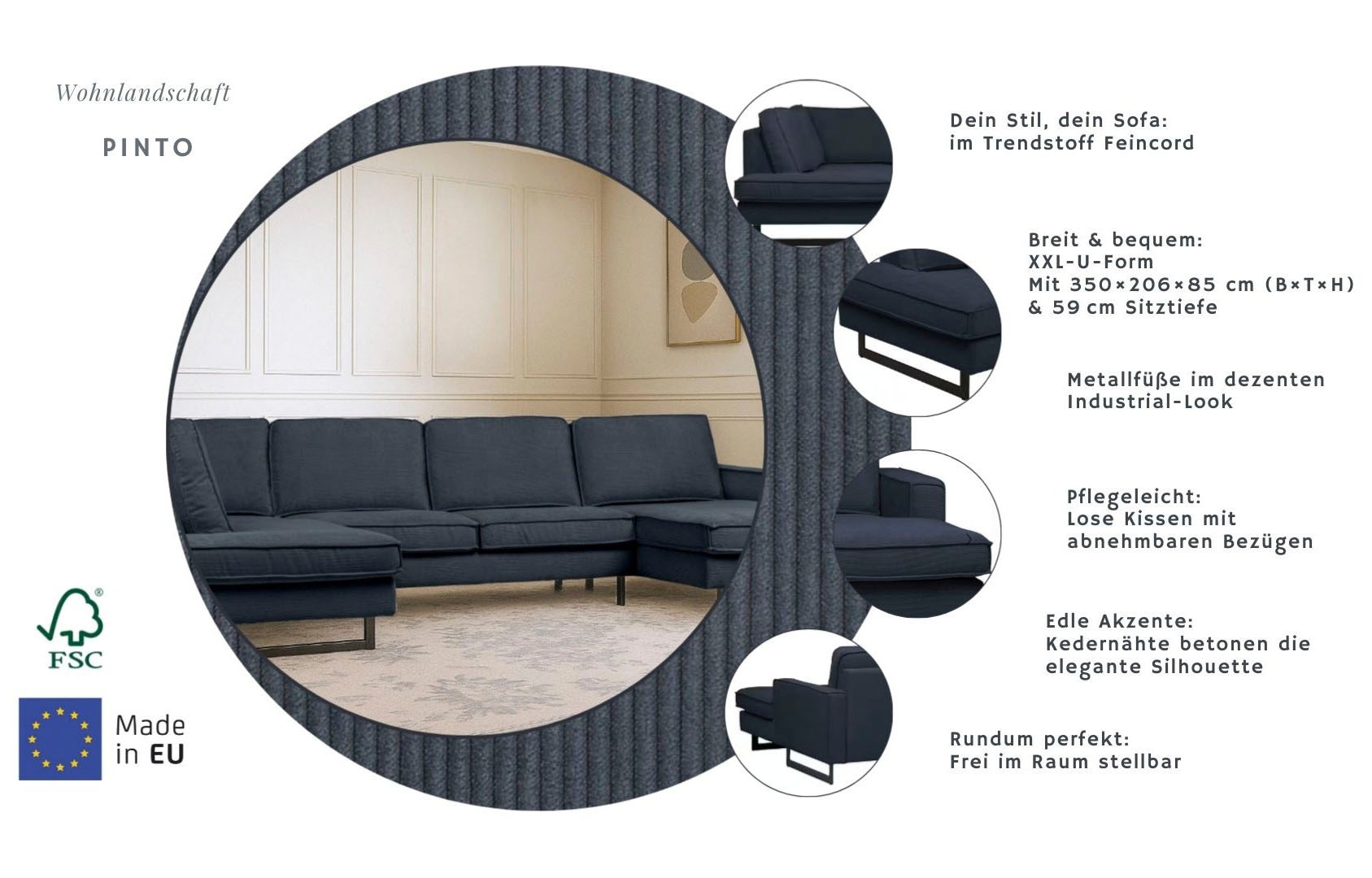 Home affaire Paysage de salon »Pinto, 350 cm, U-Form, XXL, mit Ottomanen« Cord, Chenille, Lederoptik, mit Keder, Metallfüsse, Wellenunterfederung