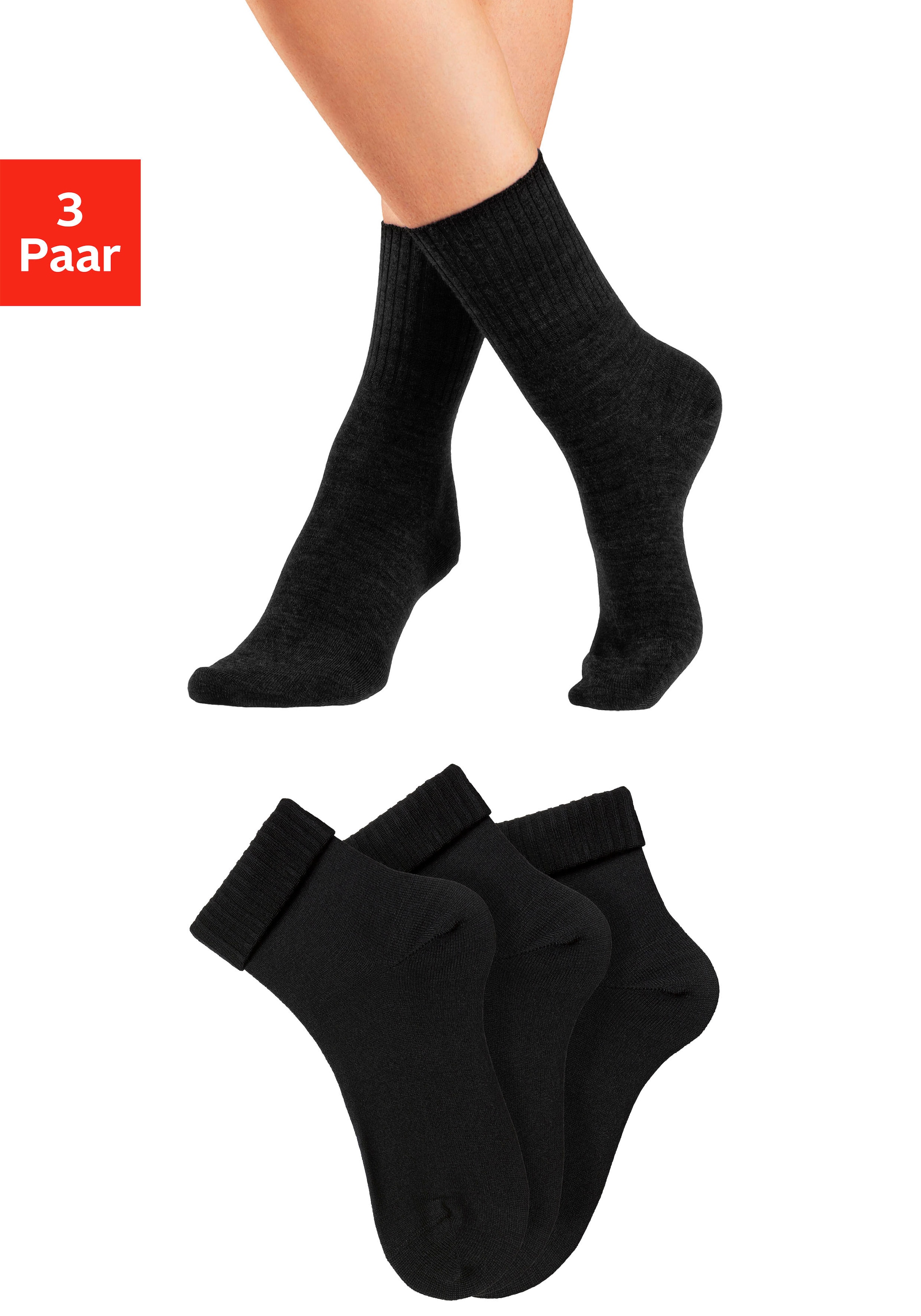 Image of Lavana Umschlagsocken Packung, 3 Paar tlg. fein gestrickt mit 53% Wolle