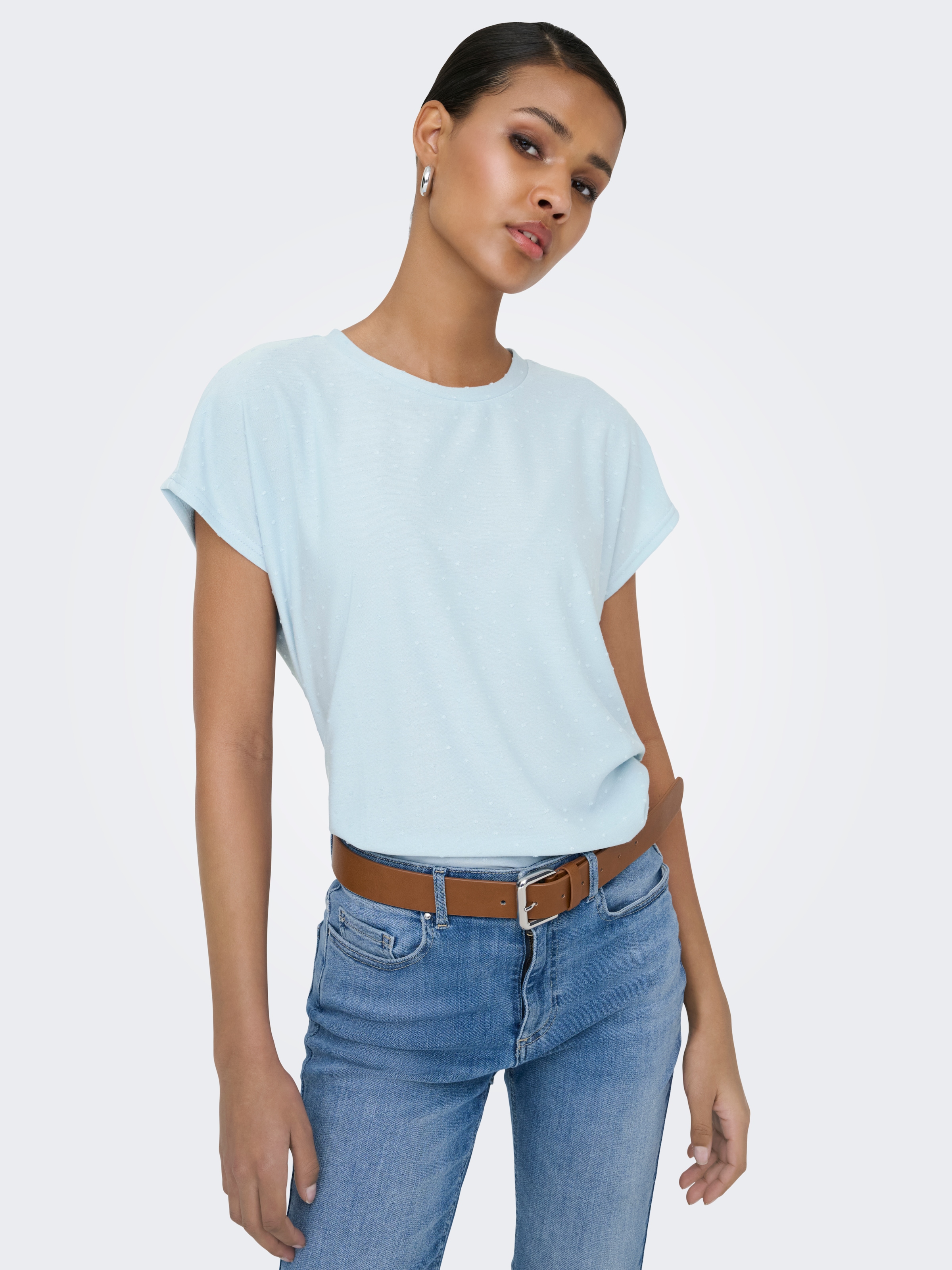 Image of ONLY Kurzarmshirt "ONLMOLLY S/S O-NECK DOBBY TOP JRS" Materialmix, regular fit, Rundhals