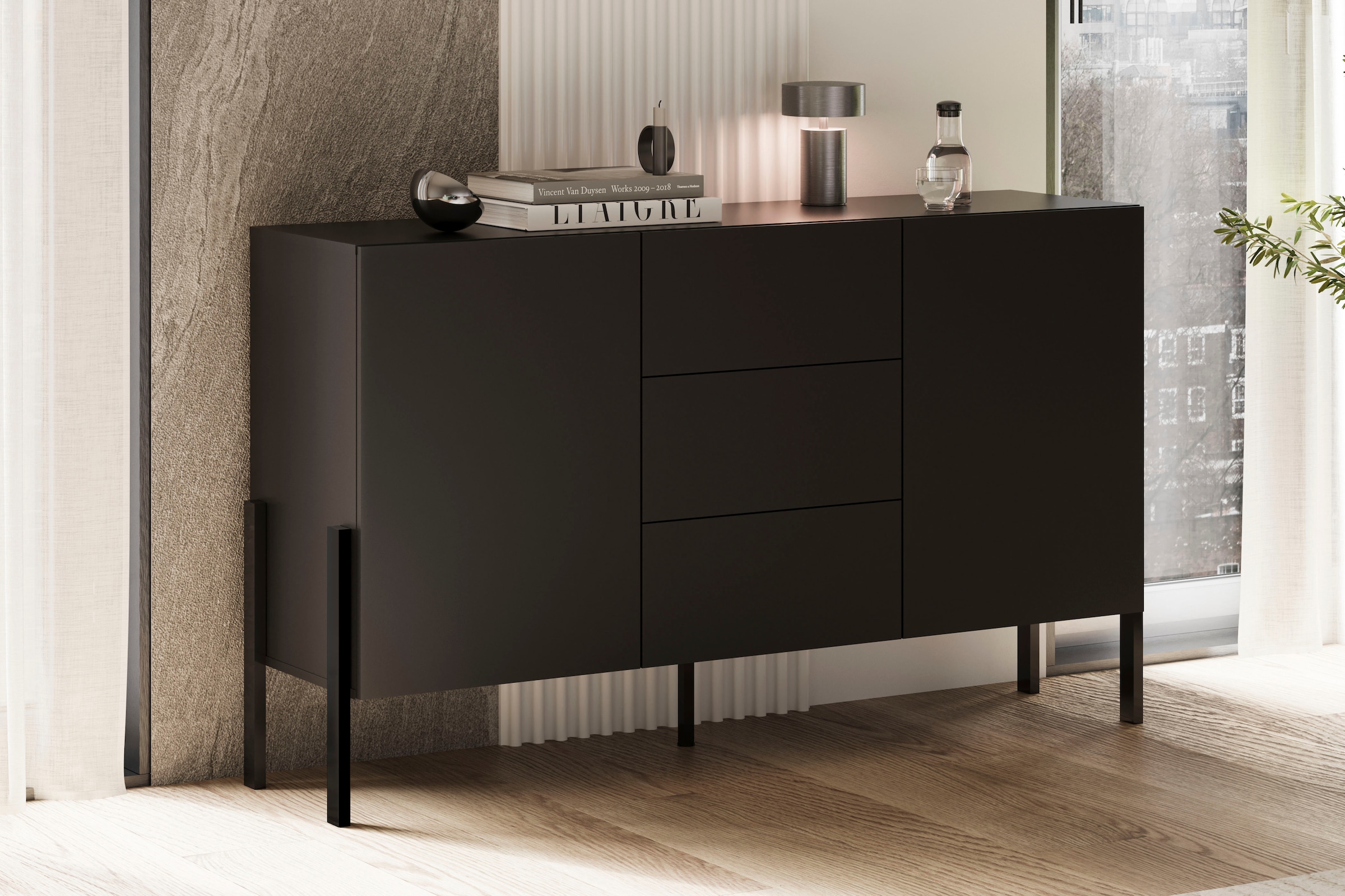 GOODproduct Buffet »Jukon, Breite 150 bzw.180 cm, moderne grifflose Kommode« Schubladenschrank 2 Türen/3 Schubkästen, push-to-open-Funktion