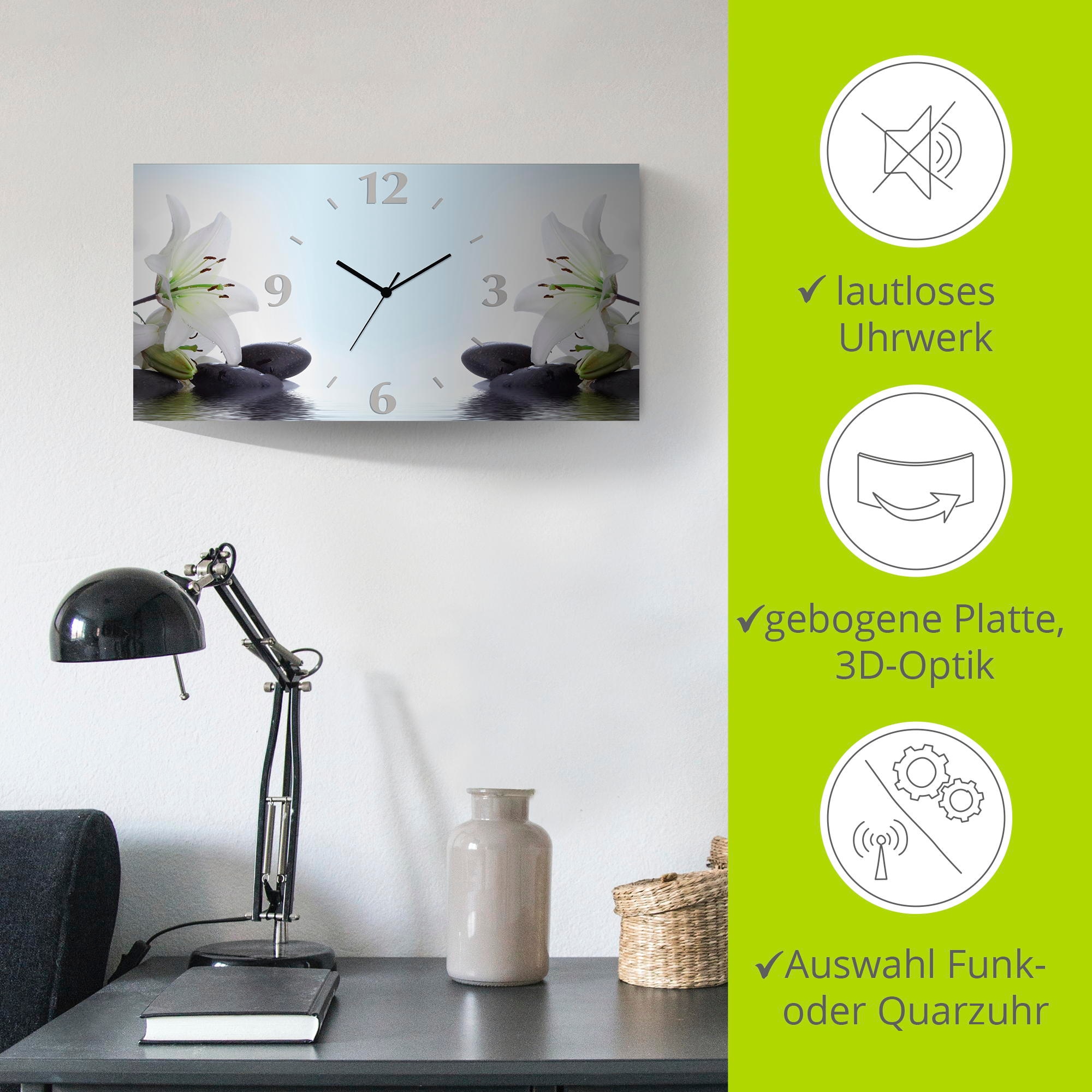 Artland Wanduhr »Nadonna Lilien und Spa Steine im Wasser«, 3D Optik gebogen, mit Quarz- oder Funkuhrwerk, versch. Grössen