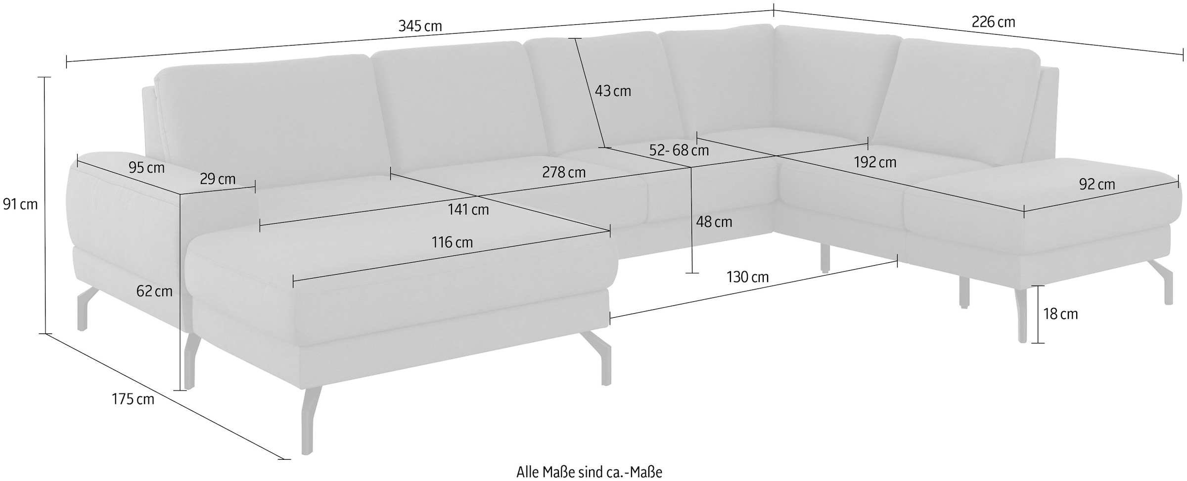 sit&more Wohnlandschaft »Cinturo U-Form«, inklusive Sitztiefenverstellung und Federkern, Sitzhöhe 48 cm