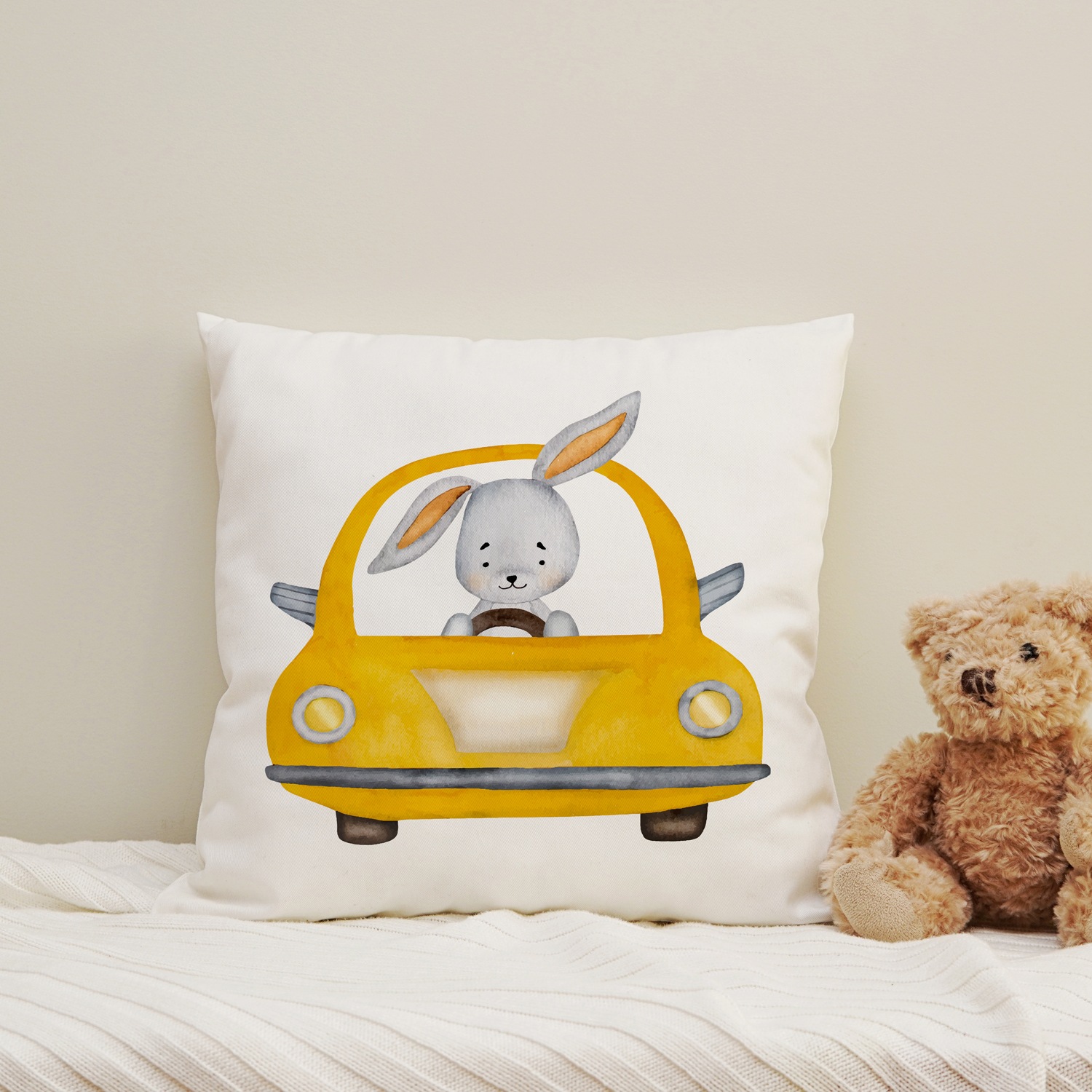 Image of queence Dekokissen "Hase im Taxi" Kissenhülle mit HD Premium Druck, geruchsneutral, 40x40cm