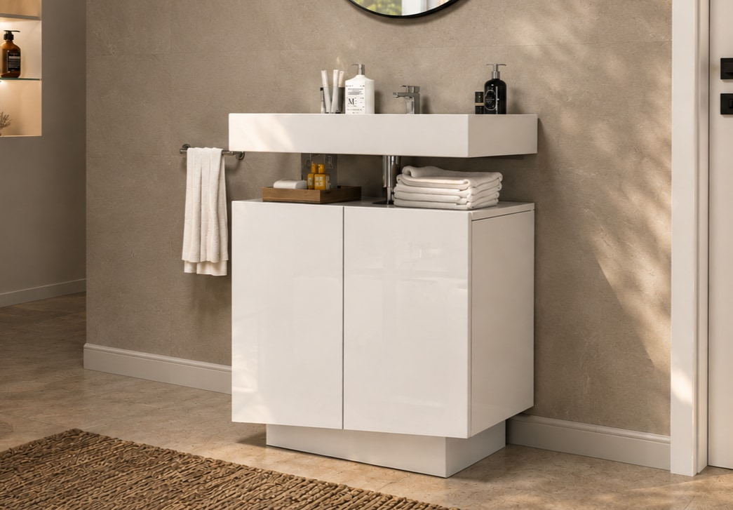 welltime Armoire sous lavabo »Vela,Breite 60cm, 2 Türen, 2 Fächer, mit Siphonausschnitt, lackiert« 1 cuis tlg. meuble sous-lavabo, plan vasque, design avec portes inclinées