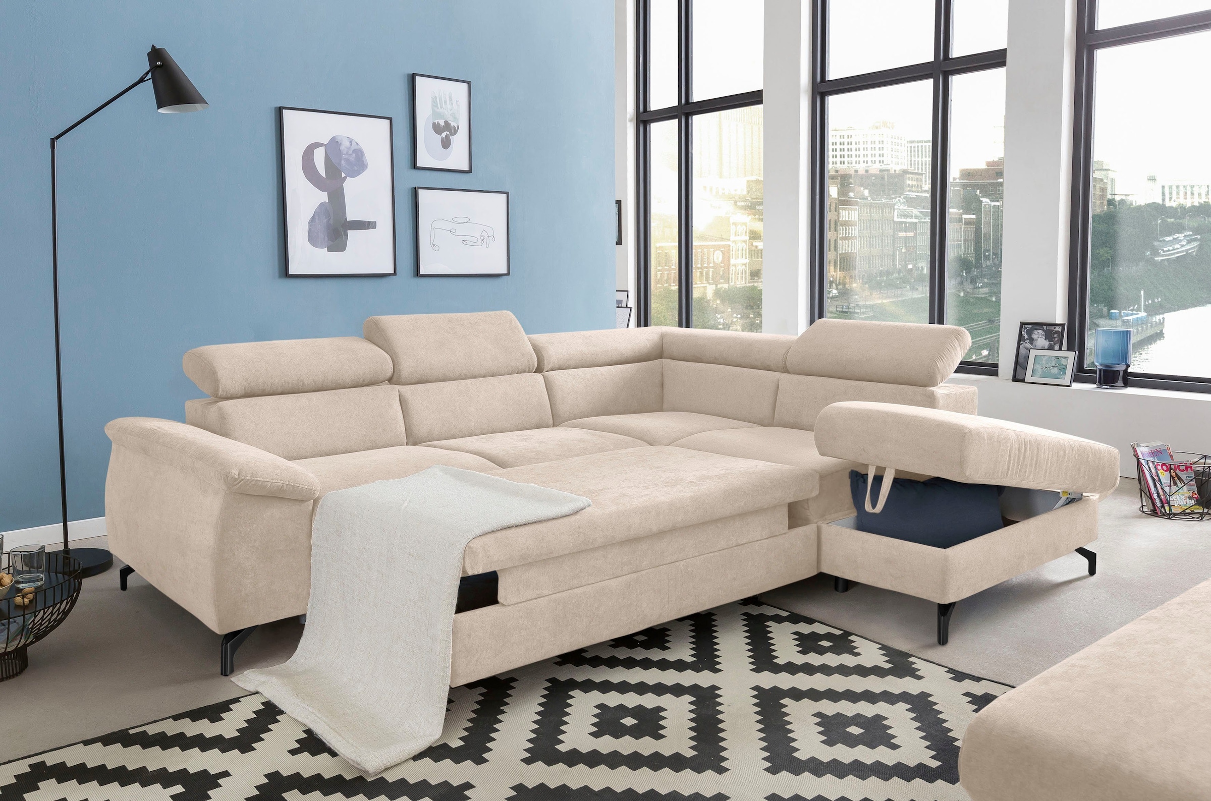 COTTA Polstergarnitur »Komaris L-Form«, (Set), Set bestehend aus: Ecksofa mit Kopfteilverstellung & Hocker