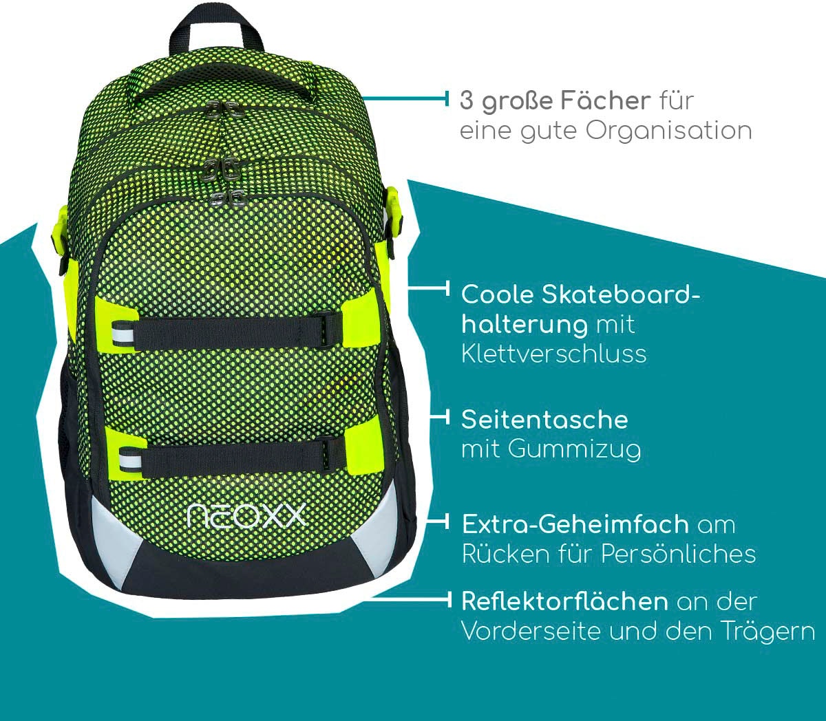 neoxx Schulrucksack »Active, All about Neon«, reflektierende Details, aus recycelten PET-Flaschen
