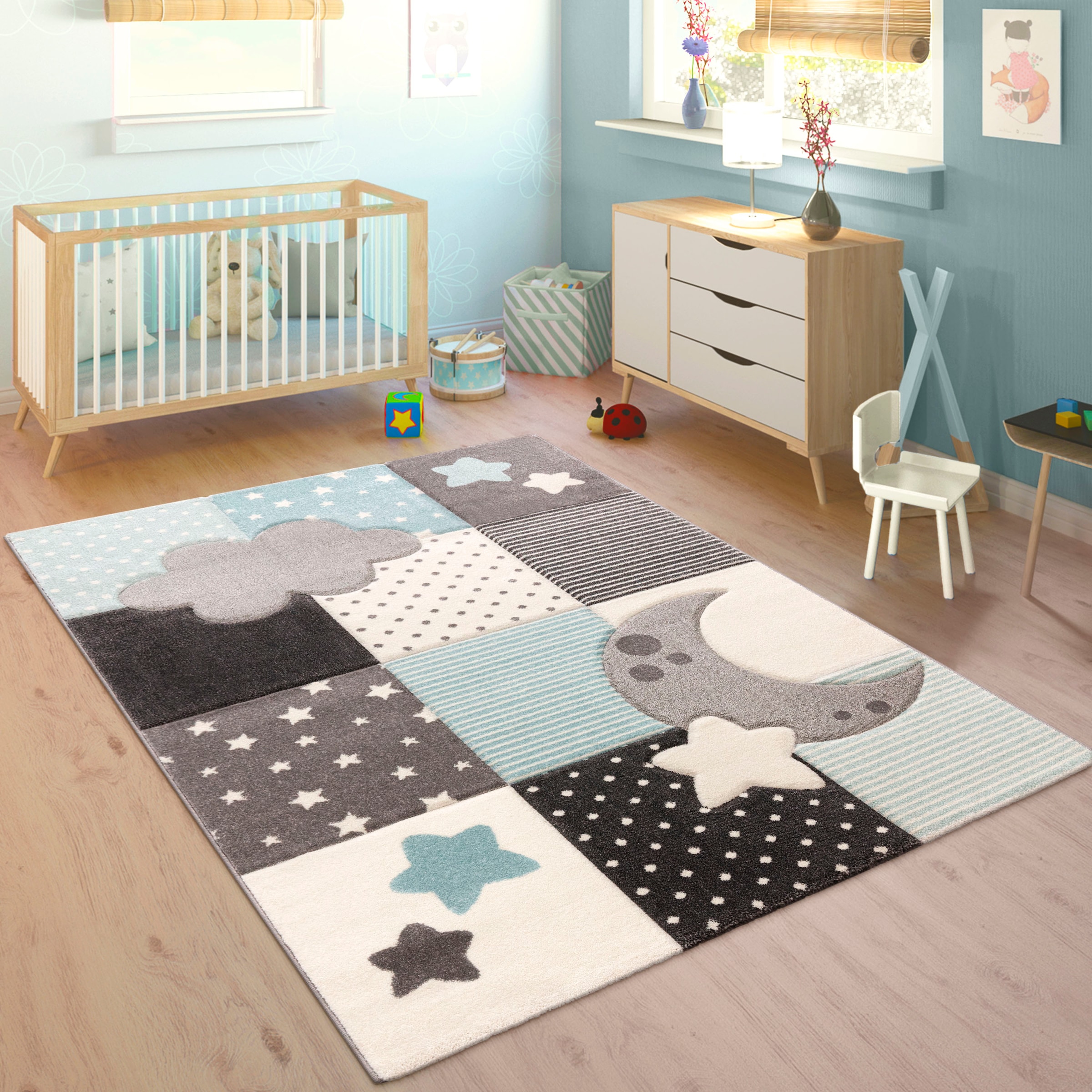 Paco Home Kinderteppich »Cosmo 755«, rechteckig, 3D-Design, Patchwork Muster, Motiv Sterne, Wolken & Punkte, Pastell