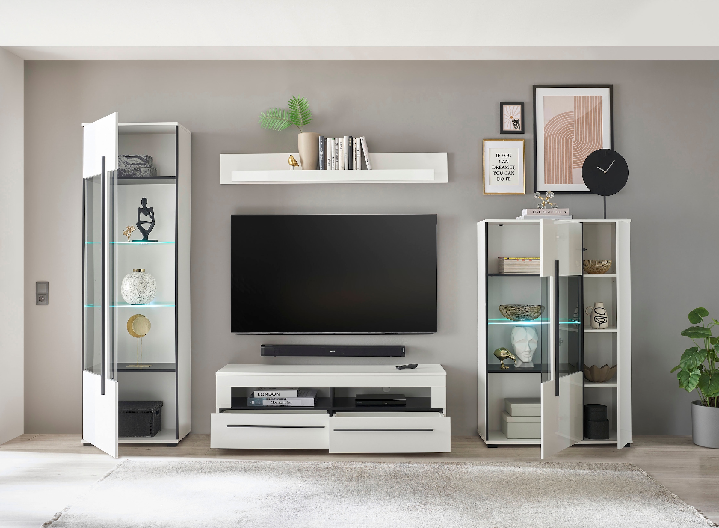 INOSIGN Wohnwand »Cantara, moderne Anbauwand, Wohnzimmer-Set, in Eiche Evoke oder Weiss«, (Set), enthält zwei Vitrinen, ein Lowboard und ein Wandboard
