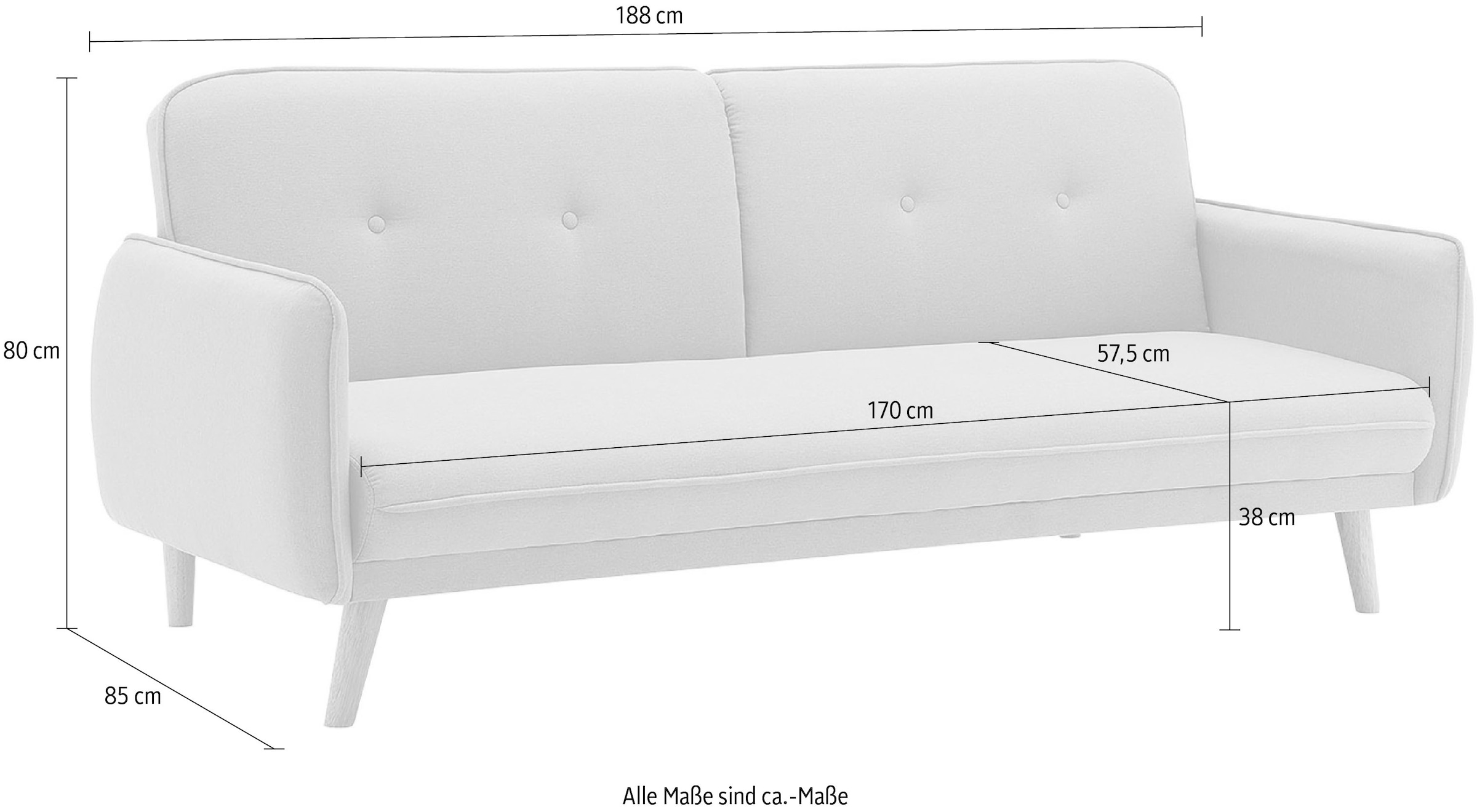 SalesFever Schlafsofa »Linköping, 3-Stizer, Sofa«, mit Knopfheftung im Rücken und Schlaffunktion, Breite 188 cm
