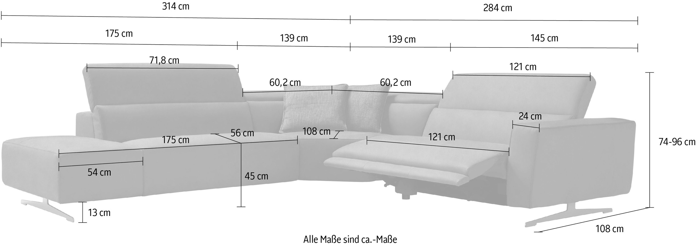 Egoitaliano Ecksofa »Stefanie-e, Designsofa der Extraklasse, bequem mit hohem Sitzkomfort«, mit Relaxfunktion und verstellbaren Kopfteilelementen
