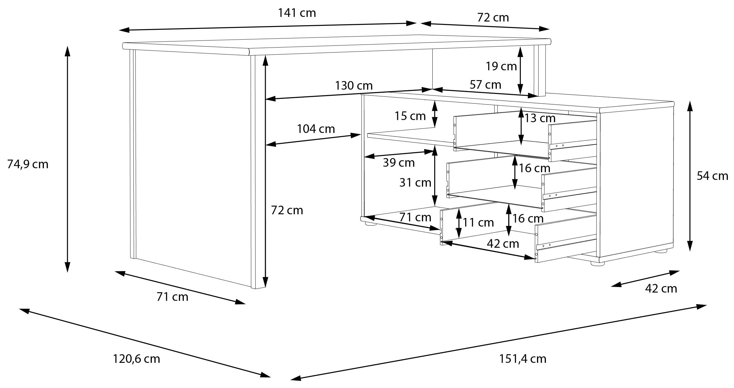 FORTE Eckschreibtisch »Tempra« viel Stauraum, Breite 151 cm