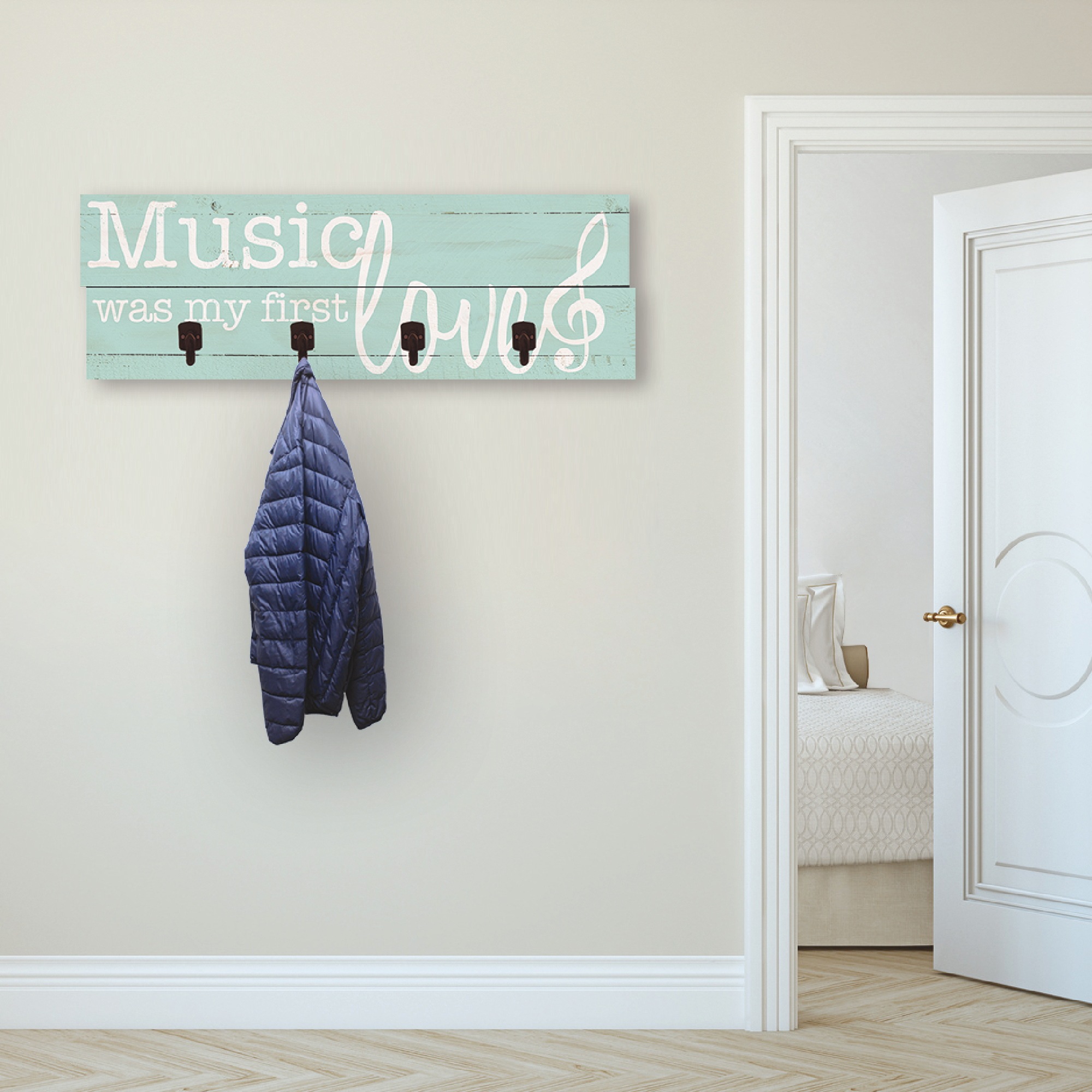 Image of Artland Garderobenleiste »Die Musik war meine erste Liebe«, platzsparende Wandgarderobe aus Holz mit 4 Haken, geeignet für kleinen, schmalen Flur, Flurgarderobe bei Ackermann Versand Schweiz