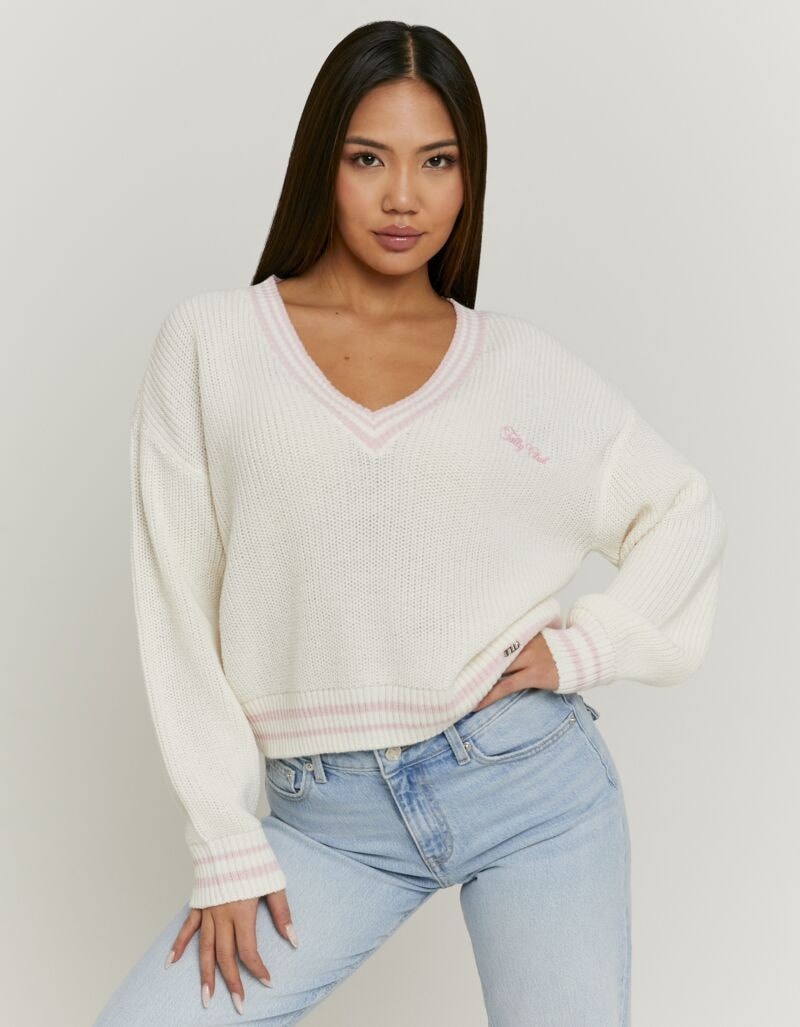 Tally Weijl Pull en tricot »SPUACKARIBOU« Kunstfaser, mit tiefem V-Ausschnitt im College-Stil