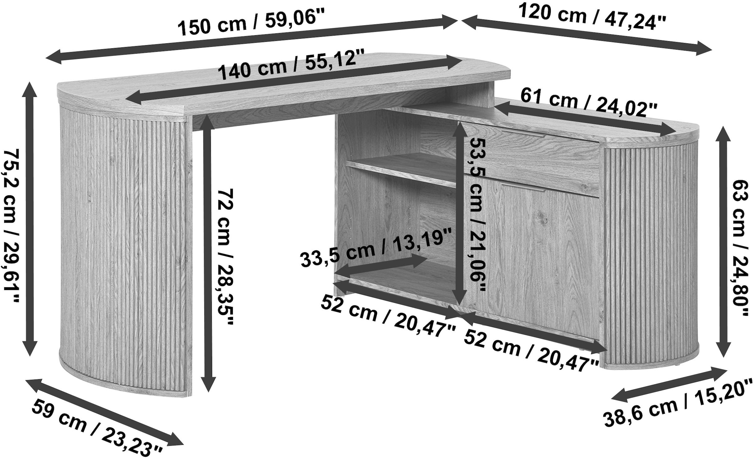 Jahnke Bureau d'angle »MOON C 150 E« 1 cuis tlg. montage réversible, espace de rangement & passage de câbles, largeur 150 cm