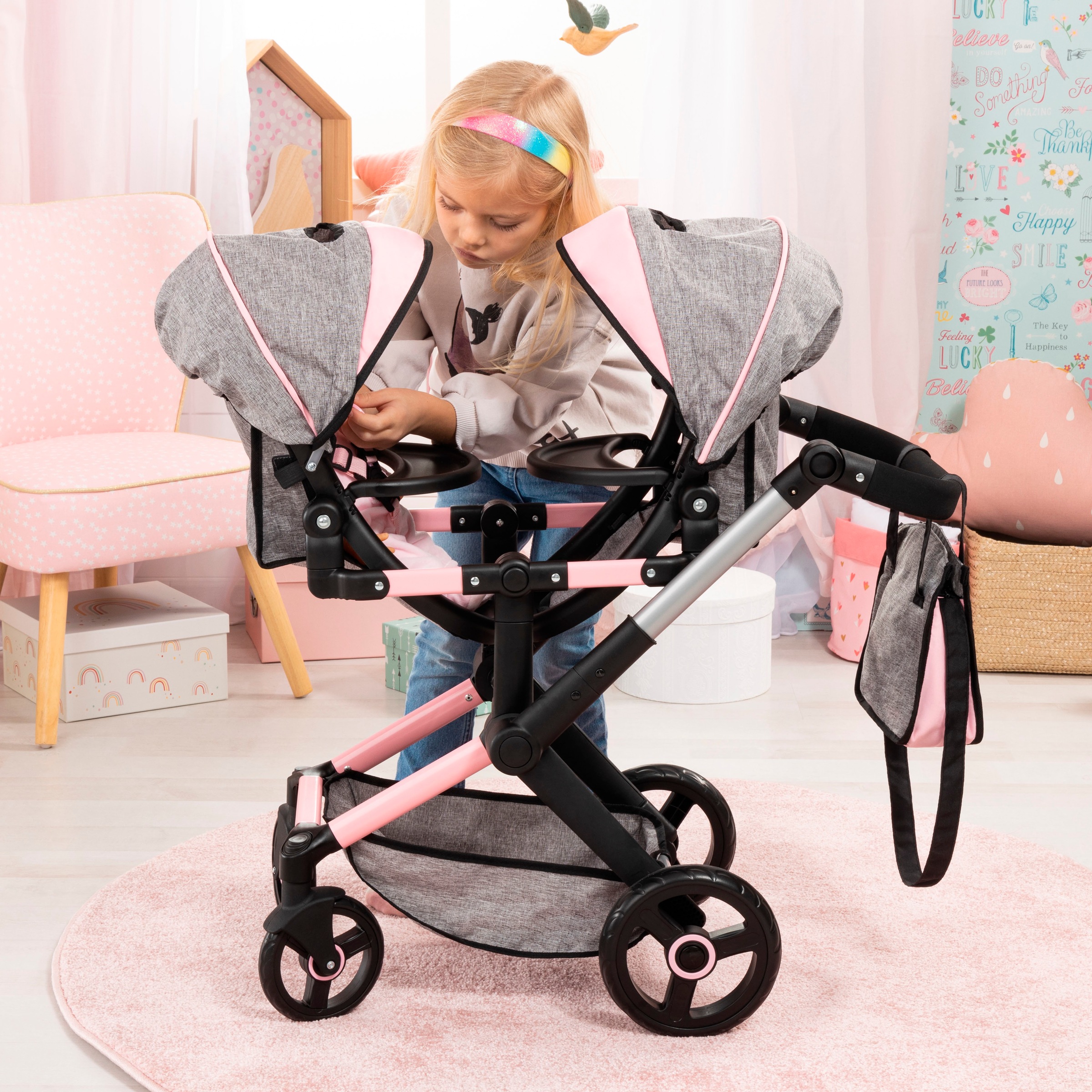 Bayer Poussette jumelle pour poupée »Xeo Twin grau/rosa« mit Wickeltasche