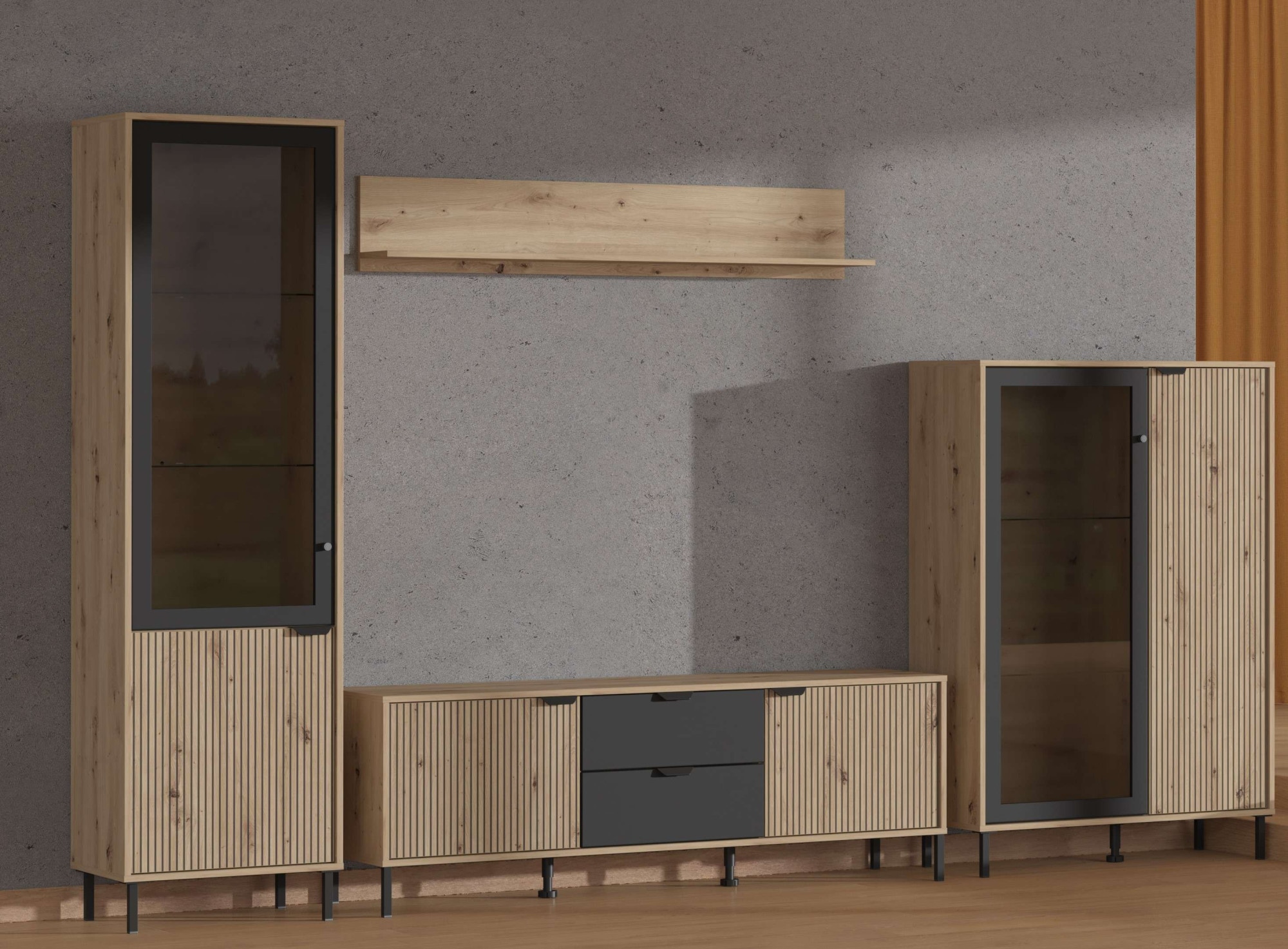 Home affaire Wohnzimmer-Set »Mayenne, inkl. Vitrine H195cm, Highboard H137,5cm, TV-Board, Wandregal« Komplett-Set, 4 Stk. tlg.