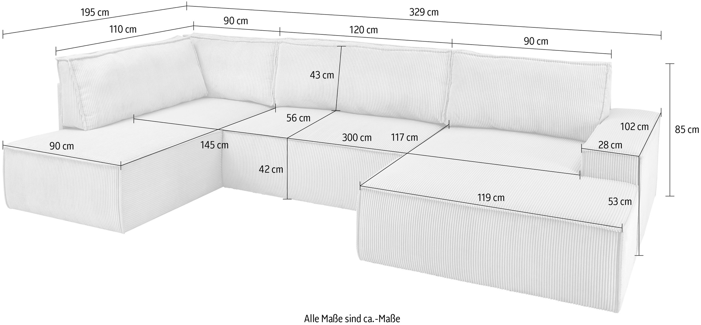Home affaire Wohnlandschaft »SHERWOOD 329 cm, U-Form, Schlafsofa,«, Schlaffunktion m. Bettkasten (194x139 cm), Cord, Vintage, Samtvelours