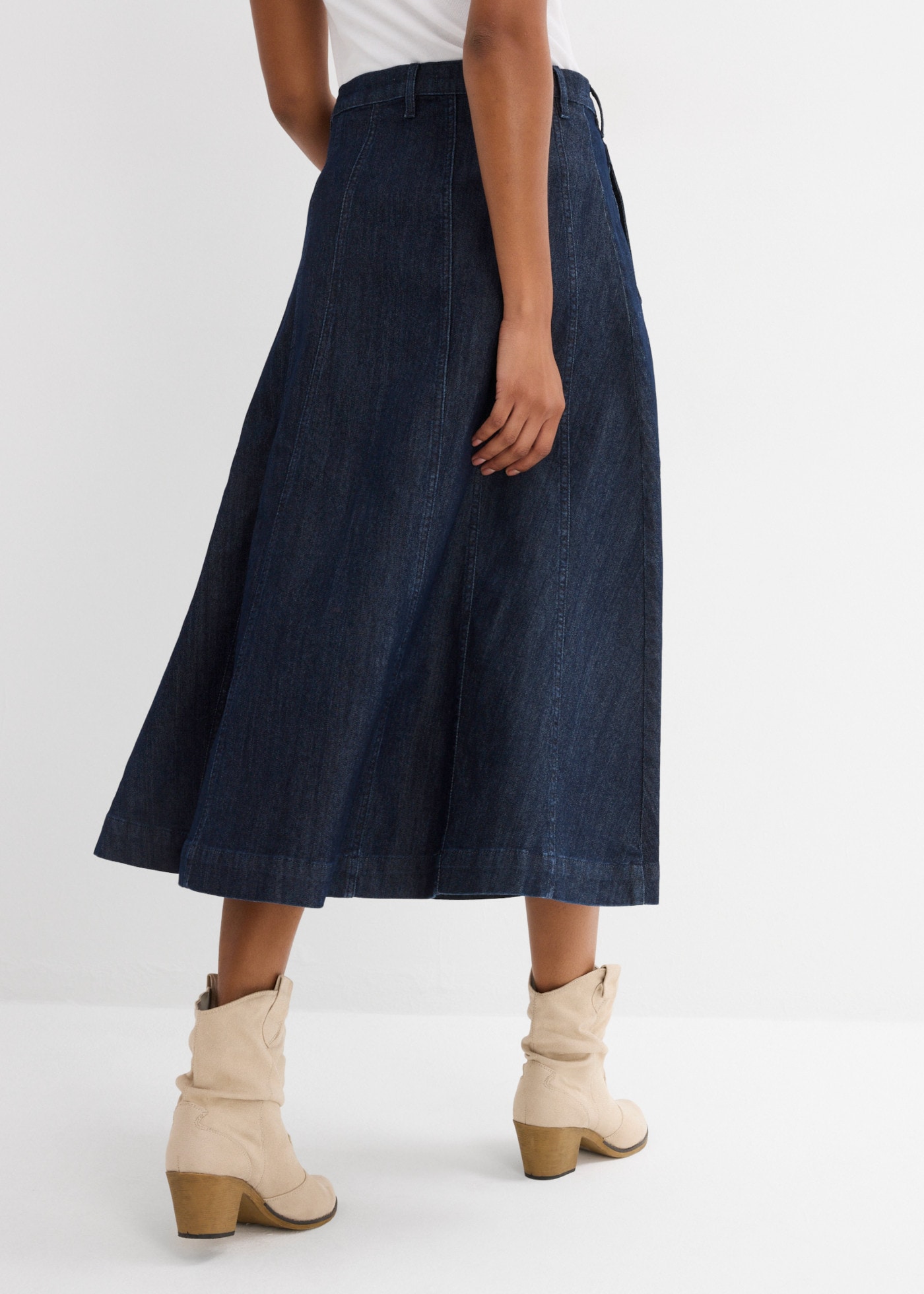 bonprix Jeansrock aus elastischem Material, ausgestellte Passform, Midi-Länge