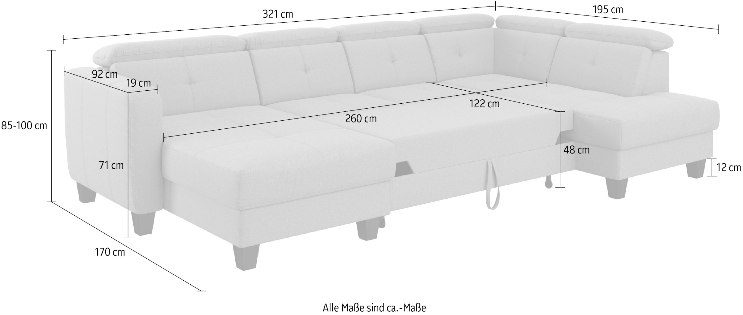 sit&more Wohnlandschaft »Belluci U-Form«, Kopfteilverstellung und Federkern, wahlweise mit Bettfunktion