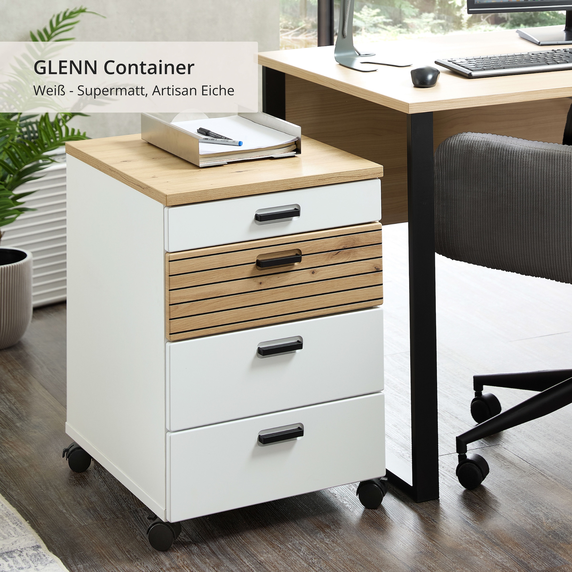 Innostyle Caisson à roulettes »Rollcontainer Glenn, 45 x 66 x 55 cm (B/H/T)« 1 cuis tlg. incl. insert en feutre, 4 roulettes (2 avec freins) ou socle, SK Soft-Close