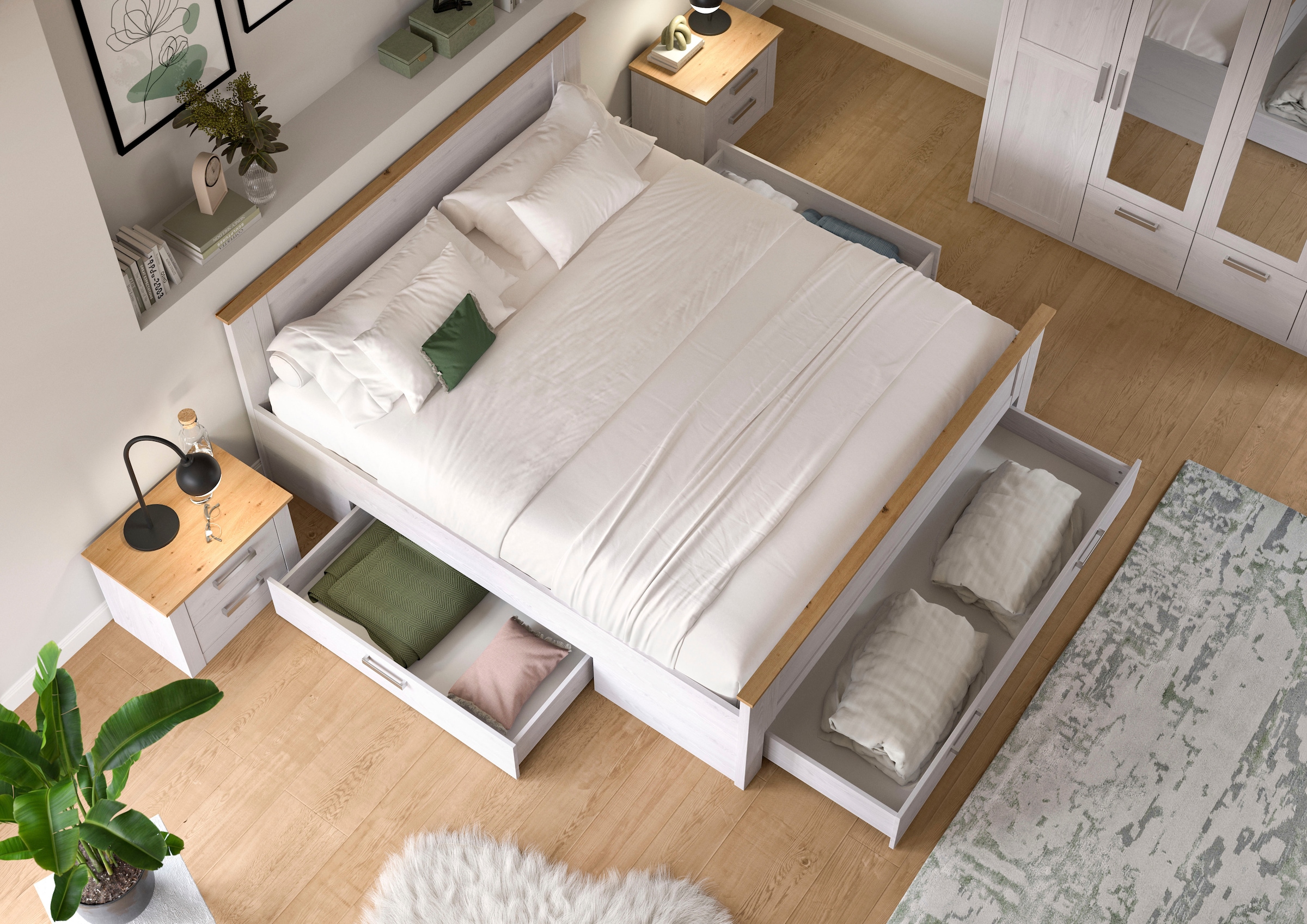 Home affaire Lit de rangement »COSENZA, Breite 189cm, im Landhausstil, 3 Schubkästen« Pour matelas 180x200 cm, beaucoup de rangement, sans matelas ni sommier,  lit, lit coffre, cadre de lit, chambre à coucher, dormir