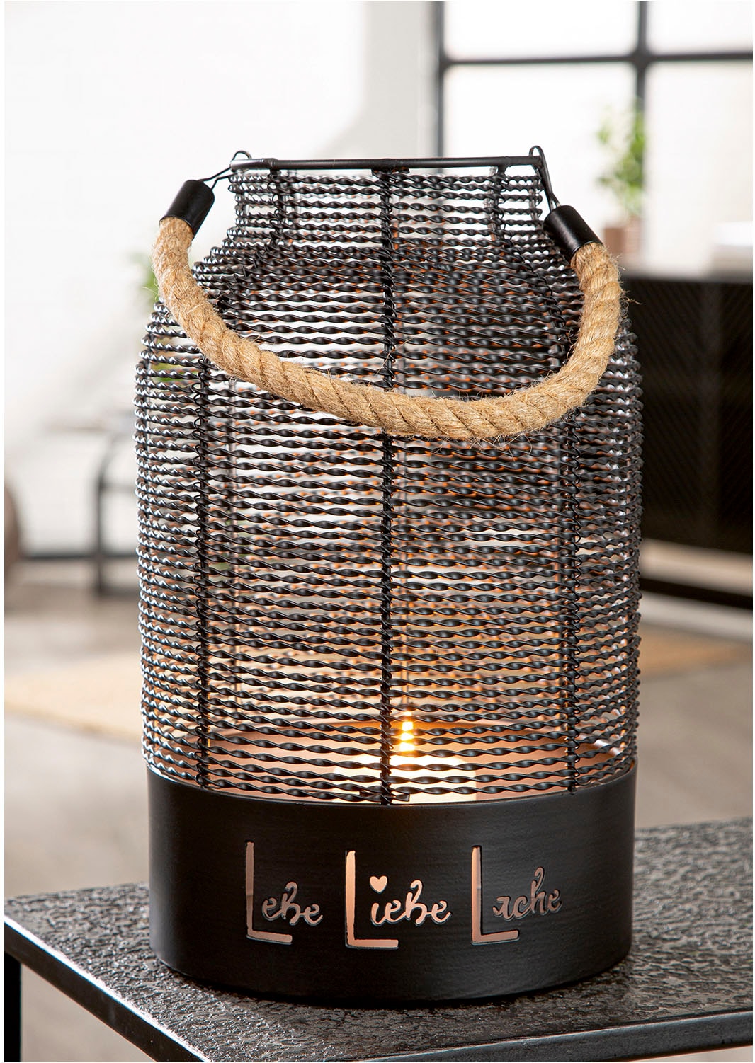 GILDE Windlicht »Windlicht rund Lebe, Liebe, Lache schwarz H. 33 cm«