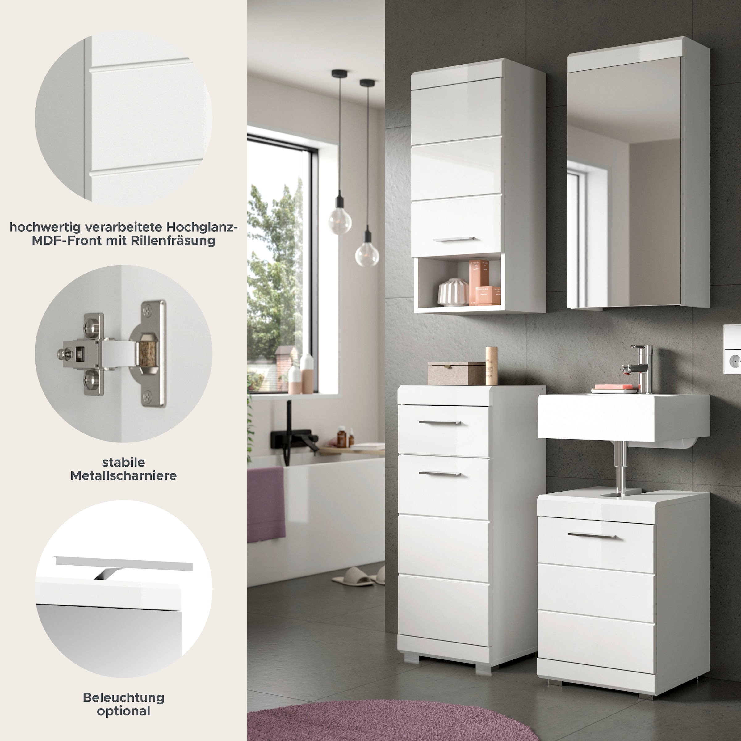 welltime Ensemble de meubles de salle de bain »SIENA, 4-tlg., WBU, Spiegelschrank, Hänge- & Unterschrank, MDF-Front«