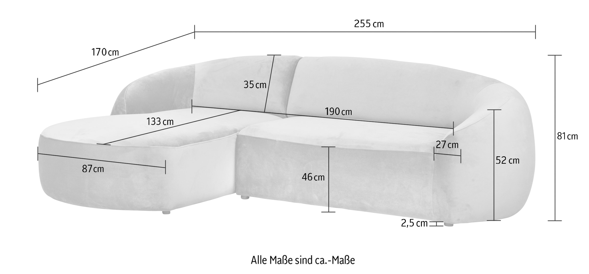LeGer Home by Lena Gercke Ecksofa »YANI, L-Form, Designersofa, organische Form, Masse B/T/H: 255/170/81 cm«, mit Wellenunterfederung, auch in Bouclé, Recamiere rechts/links