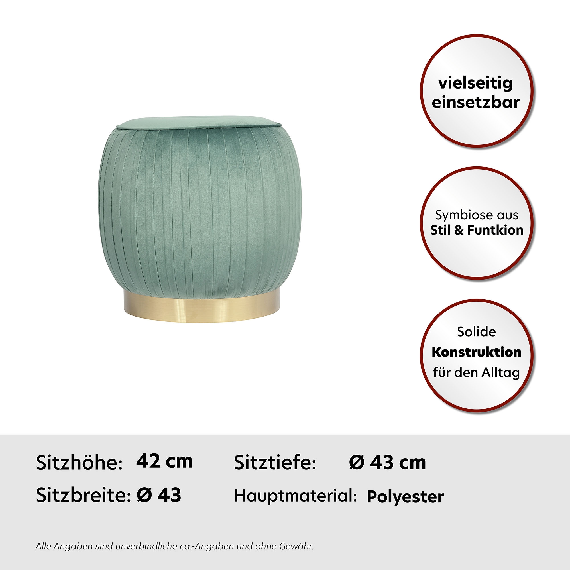 Kayoom Sitzhocker »Hocker Lilje, Edler Touch durch goldfarbenenen Sockel,Hochwertiger Samtbezug«, (1 St.), samtweich, gesteppte Ziernaht, Edelstahlsockel, Hochwertiger Samtbezug