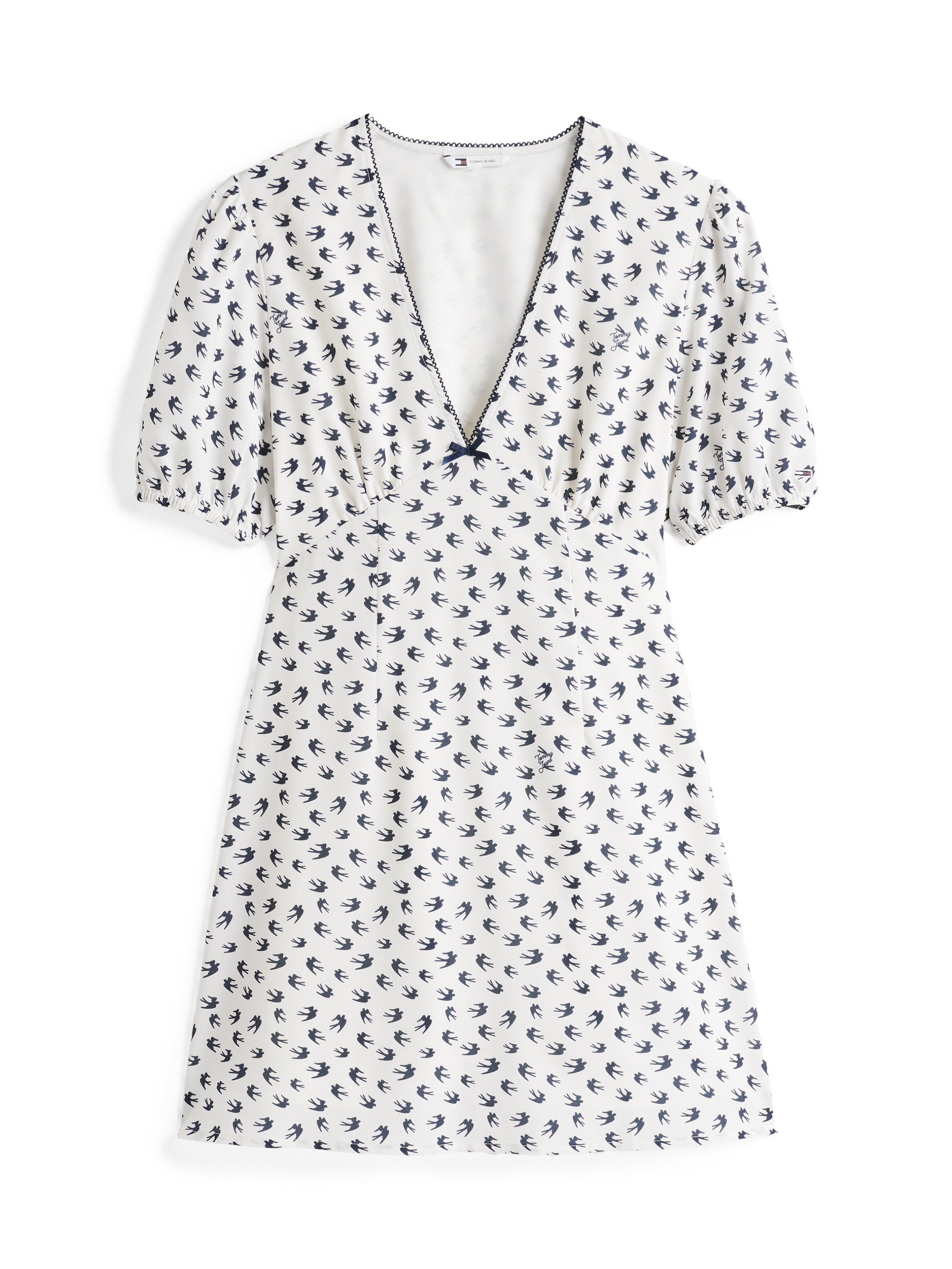 Tommy Jeans Minikleid »TJW SS CREPE MINI DRESS«, mit Schleifendetail, Vogelmuster