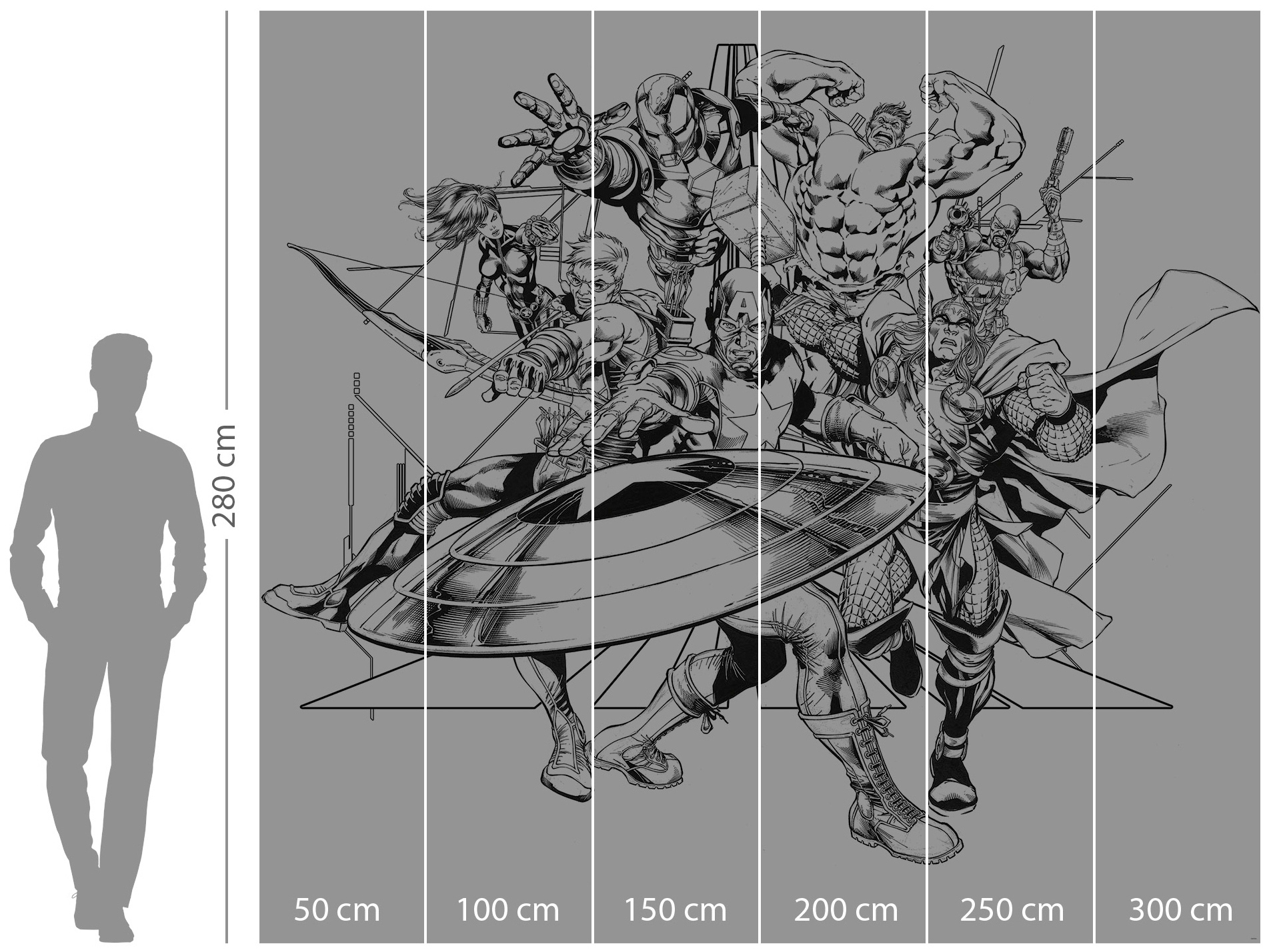 Komar Vliestapete »Digitaldruck Vlies - Avengers Black and White - Grösse 300 x 280 cm«, bedruckt, Kinderzimmer