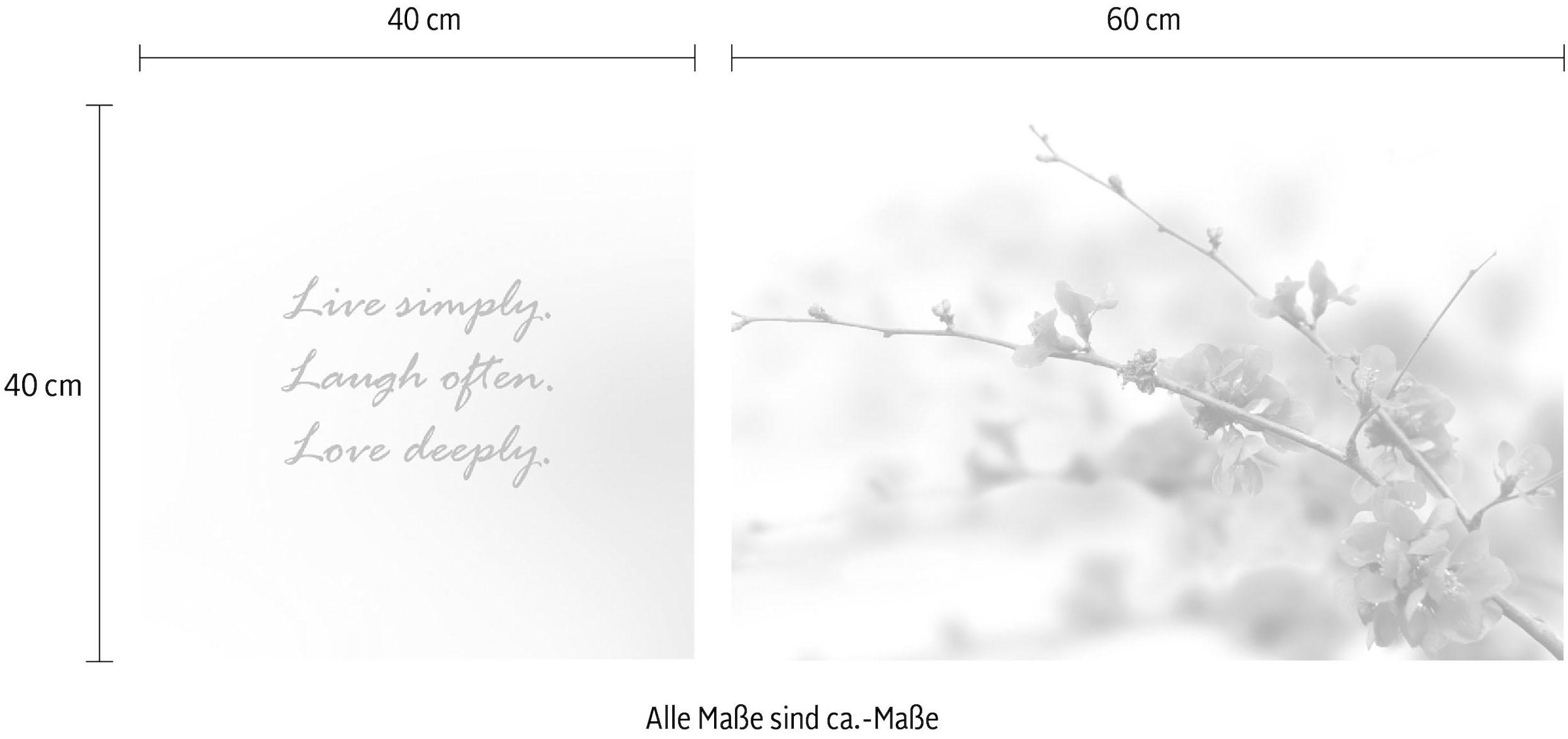 queence Leinwandbild »Live, Laugh & Love«, Blumen-Blumenbilder-Kunst-Modern-Spa-Spa Bilder-Sprüche-Sprüche & Texte-Schriftzug-Schriftzüge, (Set), Premium-Leinwandstoff, Handarbeit aus Deutschland, Spruch, 2er Set