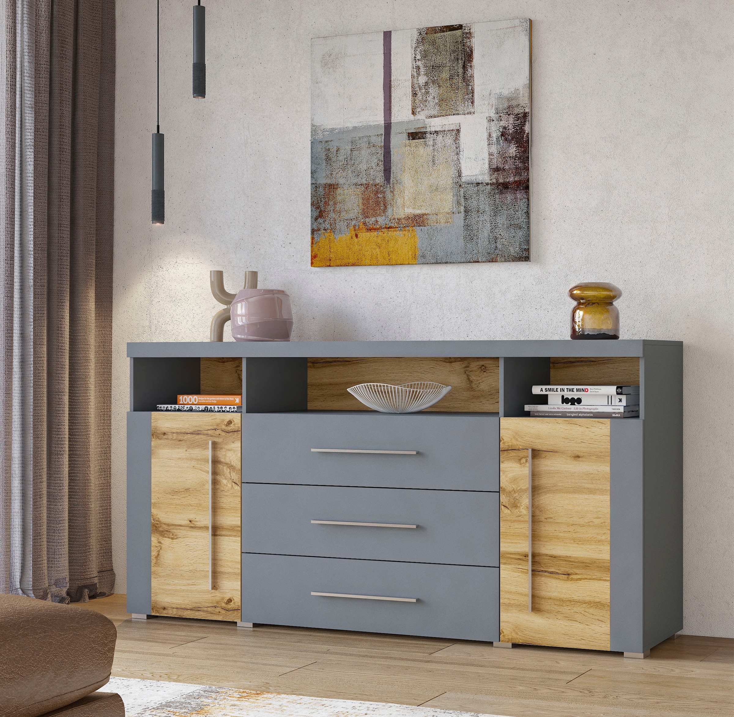 INOSIGN Sideboard »Roger,Breite 182cm, stilvolle Schrank, 2 Holztüren 3 Schubladen«, Kommode mit viel Stauraum, Einlegeböden verstellbar