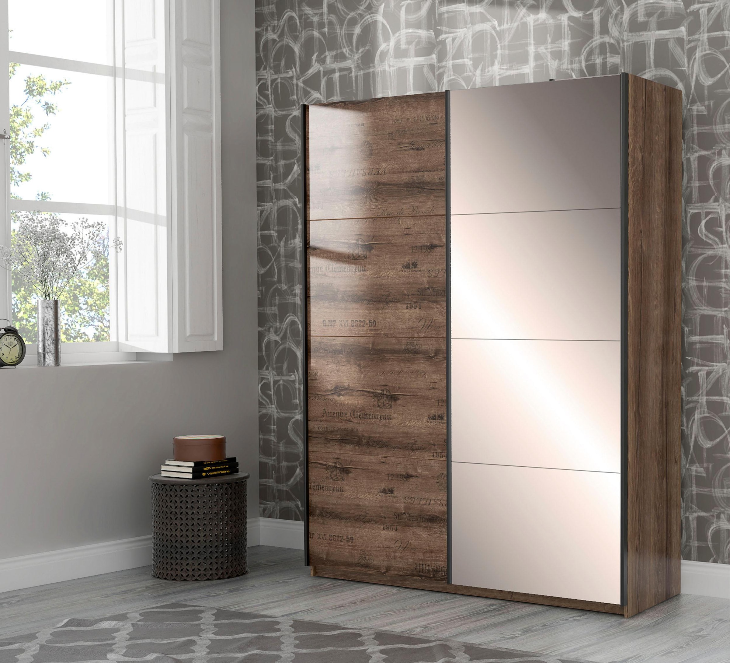 Image of FORTE Schwebetürenschrank "Jacky, mit Spiegelpaneele, Metallgriffe" B/H/T ca: 170/210x61